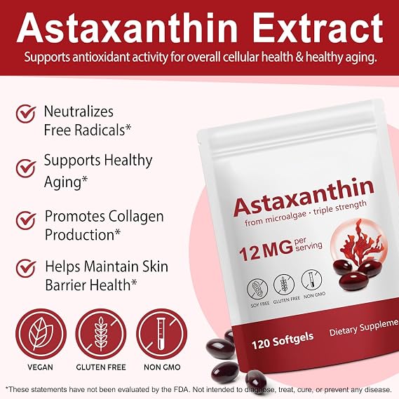 Astaxanthin 12mg Supplements, Astaxanthin High Strength Antioxidant Supplement, 120 Softgels 2 Pack, Supports Eye, Skin, Joint, Heart, Brain & Immune Health, No Gluten,Non-GMO
