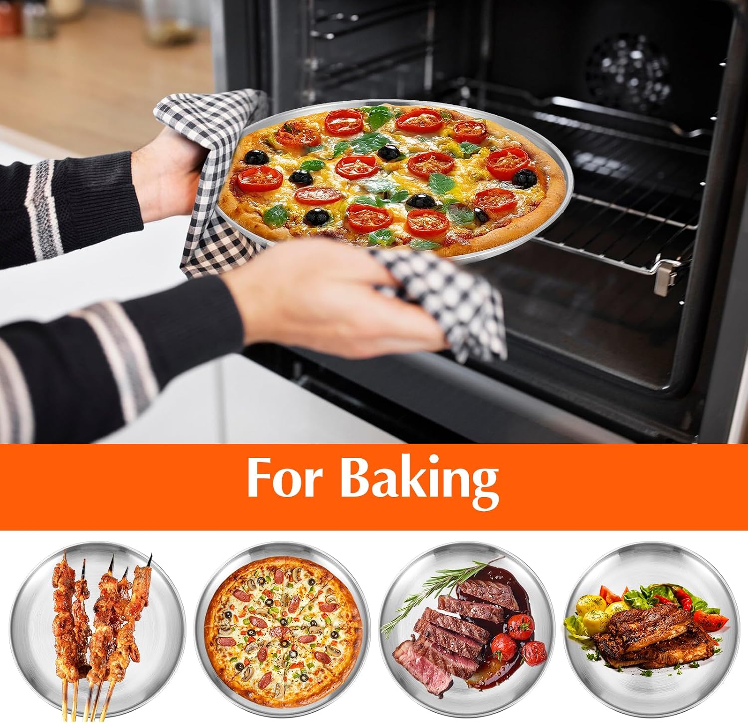8 Pcs Silver Pizza Pans Bulk, 8 Inch Stainless Steel Round Bakeware Pizza Pan for Oven, Kitchen Baking, Home, Restaurant, Reusable Sturdy-Pizza Trays Easy Clean(428°F to 500°F)
