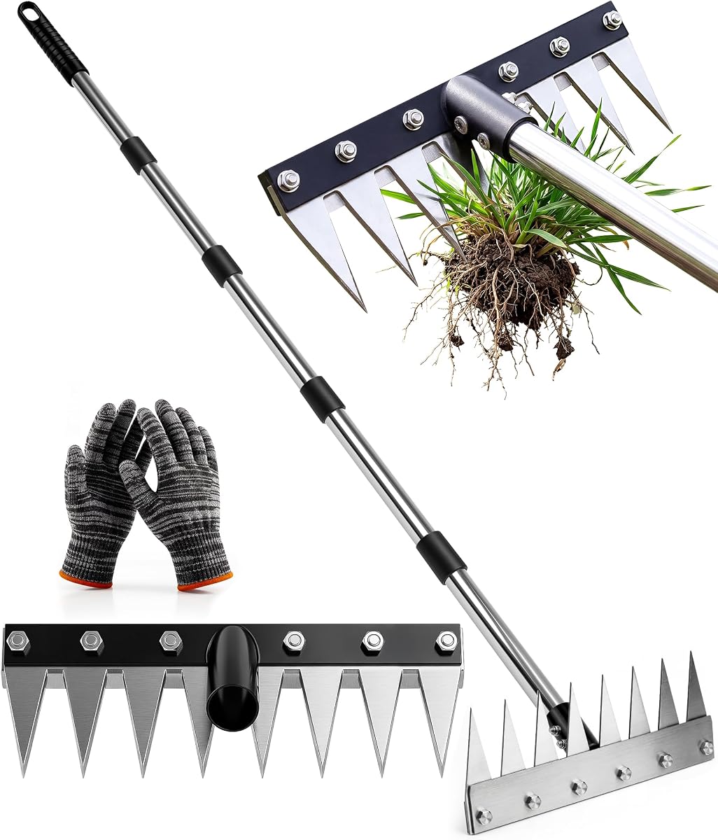 Herramienta extractora de rastrillo de deshierbe para jardín, herramienta cortadora de extractor de malas hierbas de hierro resistente | Rastrillo de jardín de 8 dientes actualizado 2.0, removedor de malas hierbas Manual con mango largo ajustable de 71 "para césped, patio y jardín