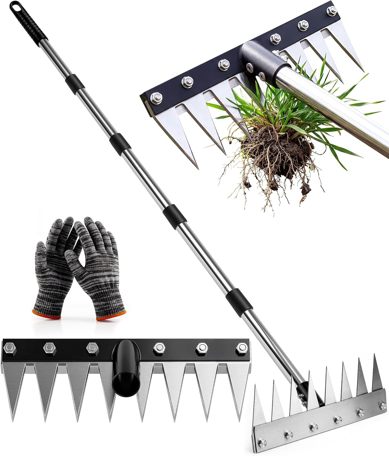 Iron Weed Rake with 71" Adjustable Long Handle, 8 Teeth Manual Weed Remover Tool Heavy Duty Garden Weed Puller with Gloves for Yard, Lawn, Garden