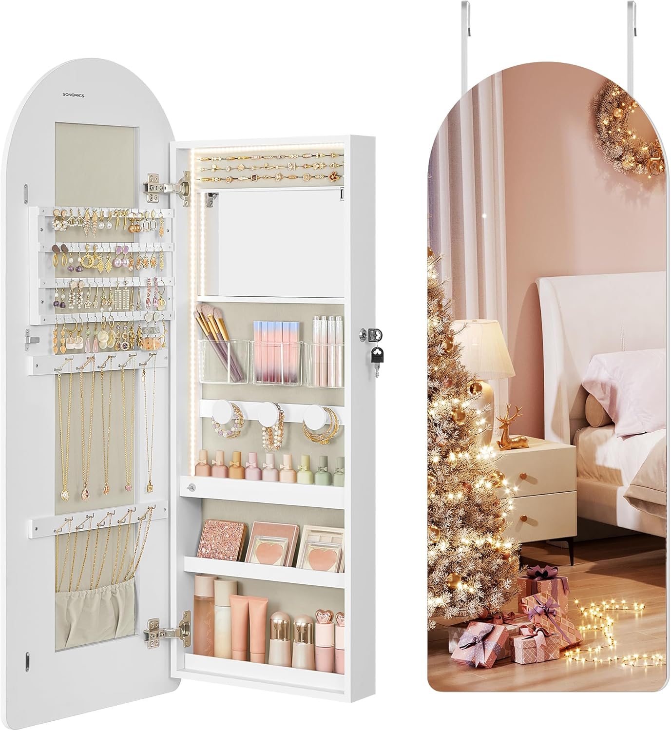 SONGMICS SONGMICS Wide Jewelry Organizer, LED Jewelry Cabinet Wall/Door Mounted, Arched Mirror with Storage, Lockable, Rounded Corner, Interior Mirror, Christmas Gift, Cloud White UJJC020W01 The Fores