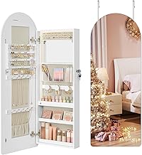 SONGMICS Wide Jewelry Organizer, LED Jewelry Cabinet Wall/Door Mounted, Arched Mirror with Storage, Lockable, Rounded Corner, Interior Mirror, Christmas Gift, Cloud White UJJC020W01