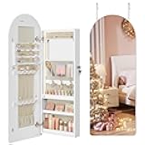 SONGMICS Wide Jewelry Organizer, LED Jewelry Cabinet Wall/Door Mounted, Arched Mirror with Storage, Lockable, Rounded Corner, Interior Mirror, Christmas Gift, Cloud White UJJC020W01