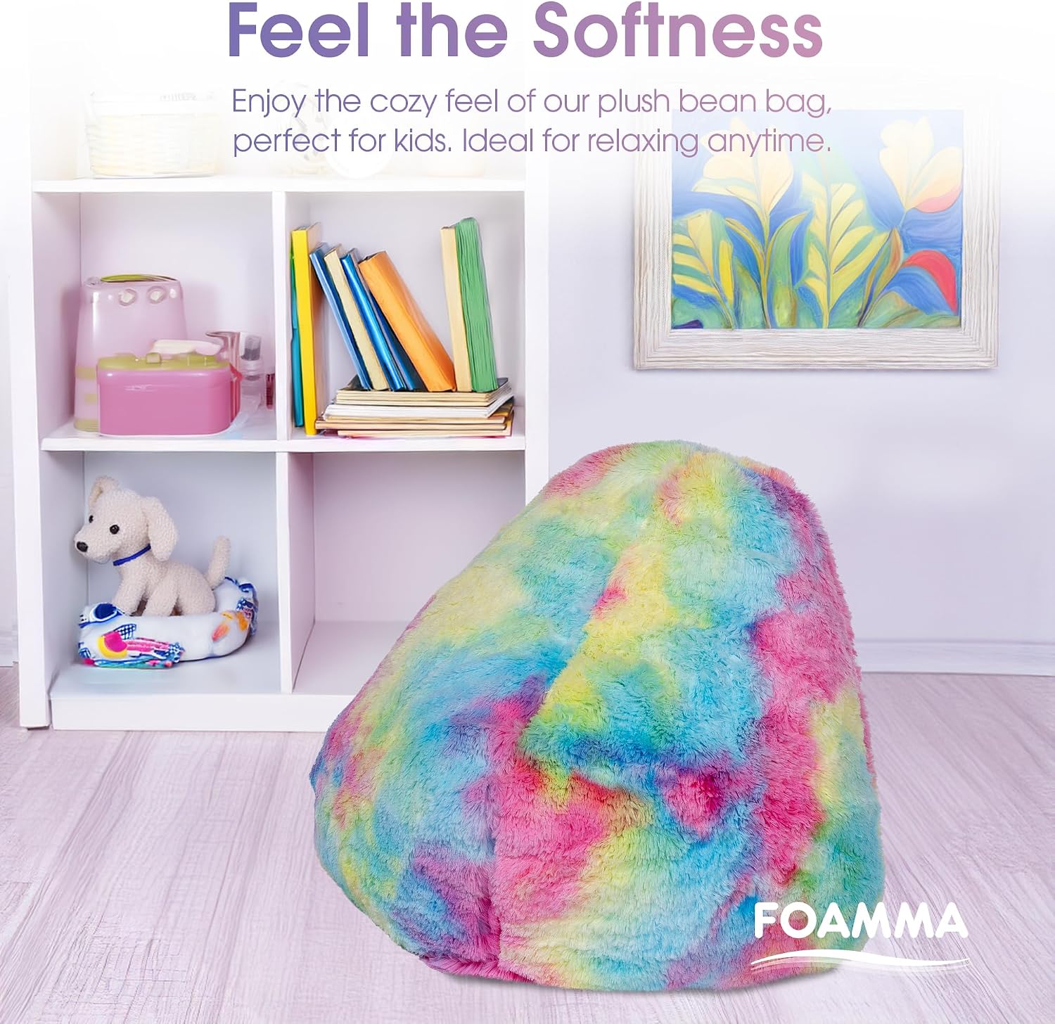 Foamma Bean Bag Chair for Kids, Tie Dye - 3ft Comfy Chair for Kids with Washable Cover, Toddler Chair with Tie Dye Rainbow Design, Kids Chair with Faux Fur Cover, Reading Chair for Kids - Pear Shape