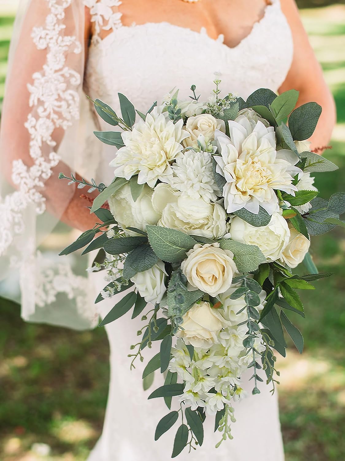 Rinlong White Green Cascade Bouquet Wedding Bouquets for Bride Cascading Wedding Bouquet Bridal Bouquet Artificial Flowers
