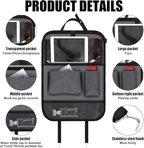 Vista 16 de 2 organizadores de automóvil para asiento trasero de automóvil con bandeja de mesa, 6 bolsillos de almacenamiento con soporte para tableta, Negro