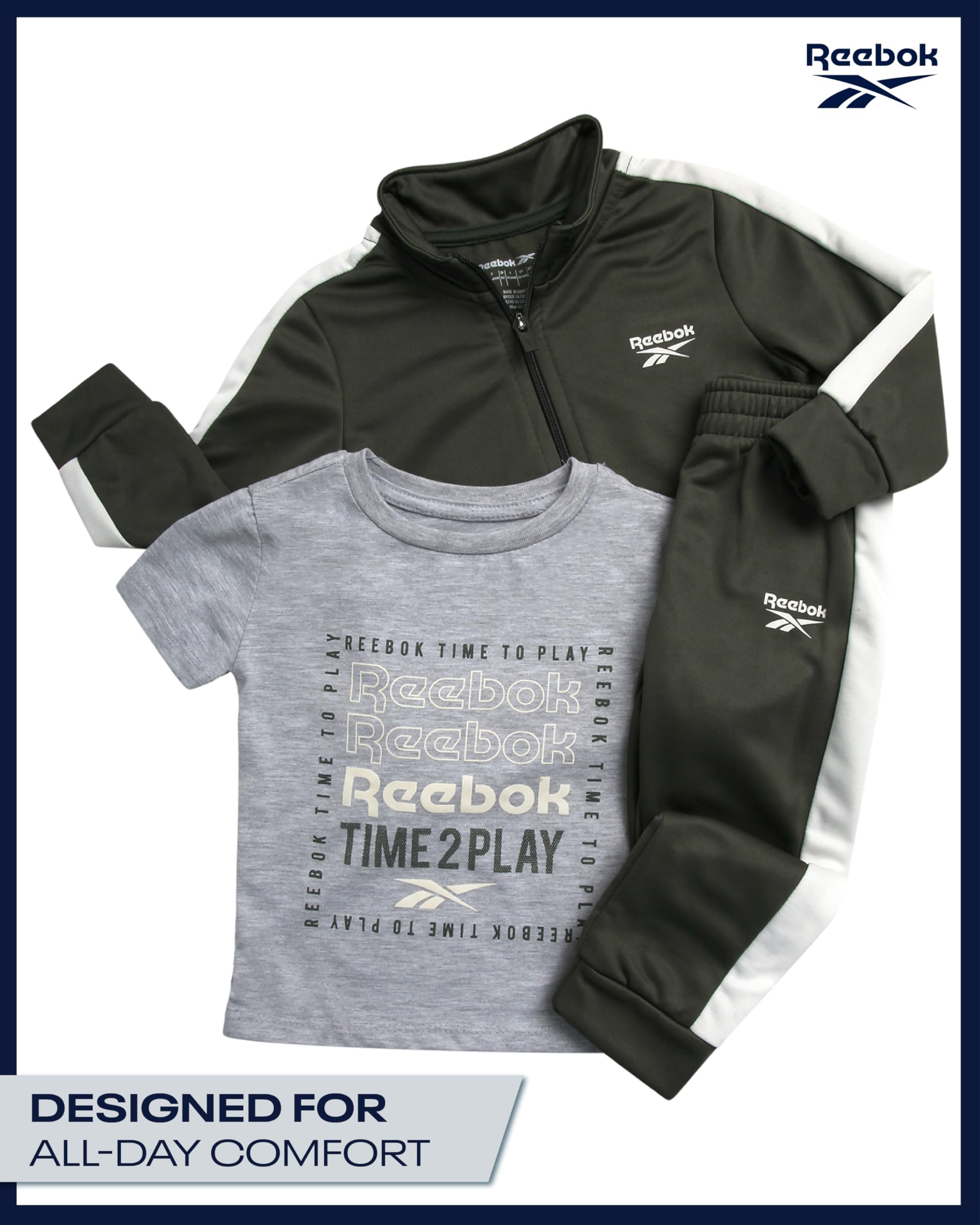 Reebok 3-teiliger Trainingsanzug für Kleinkinder, Jungen, Trikot-Trainingsjacke, T-Shirt und Jogginghose | Weiche Wärme ohne aufzutragen für ganztägigen Komfort, flexible Bewegung für Spielen, Schule oder Reisen zu jeder Jahreszeit