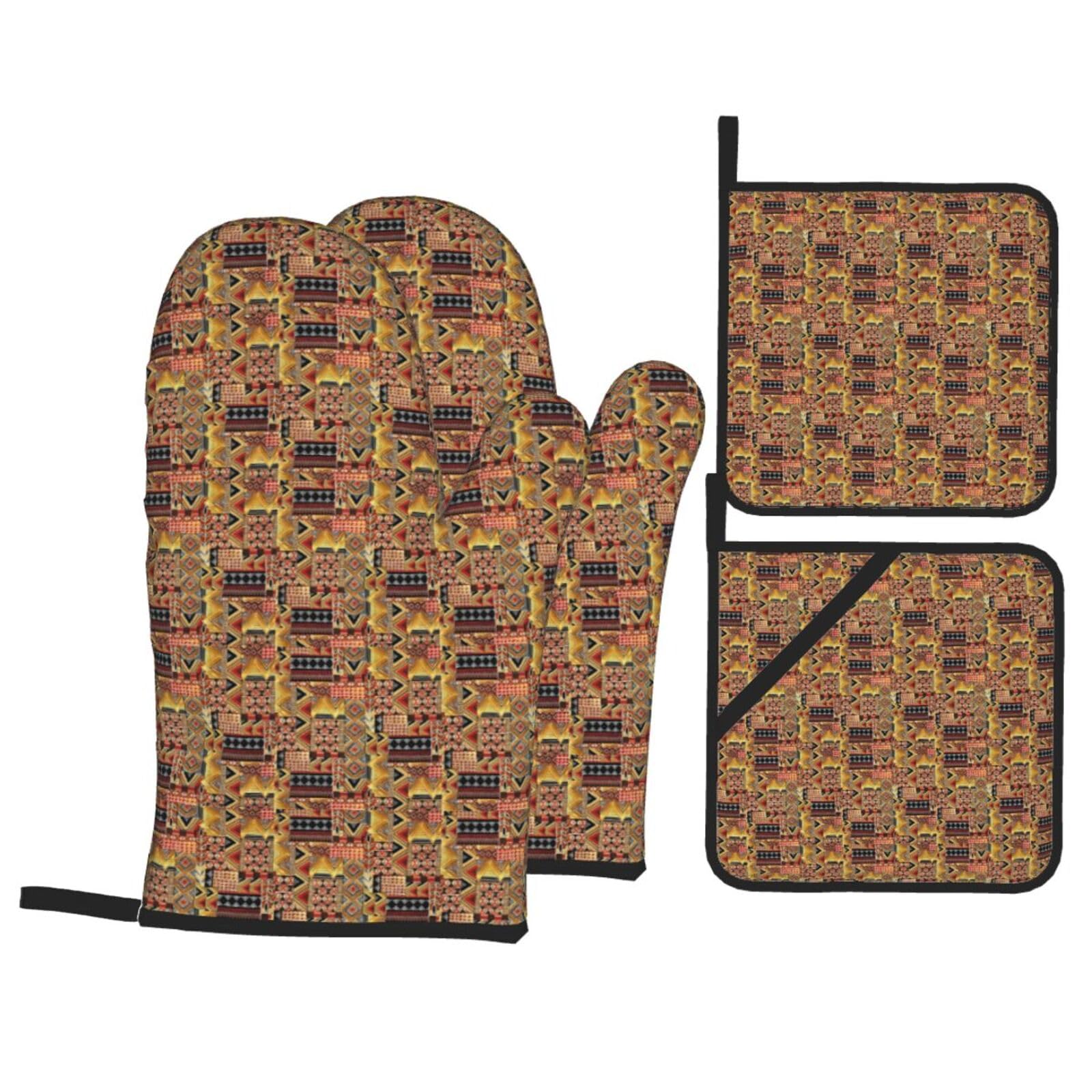 African Textile Patchwork Print Stylish Heat-Resistant Oven 4-Piece Set Kitchen Gloves Roasting Daily Cooking