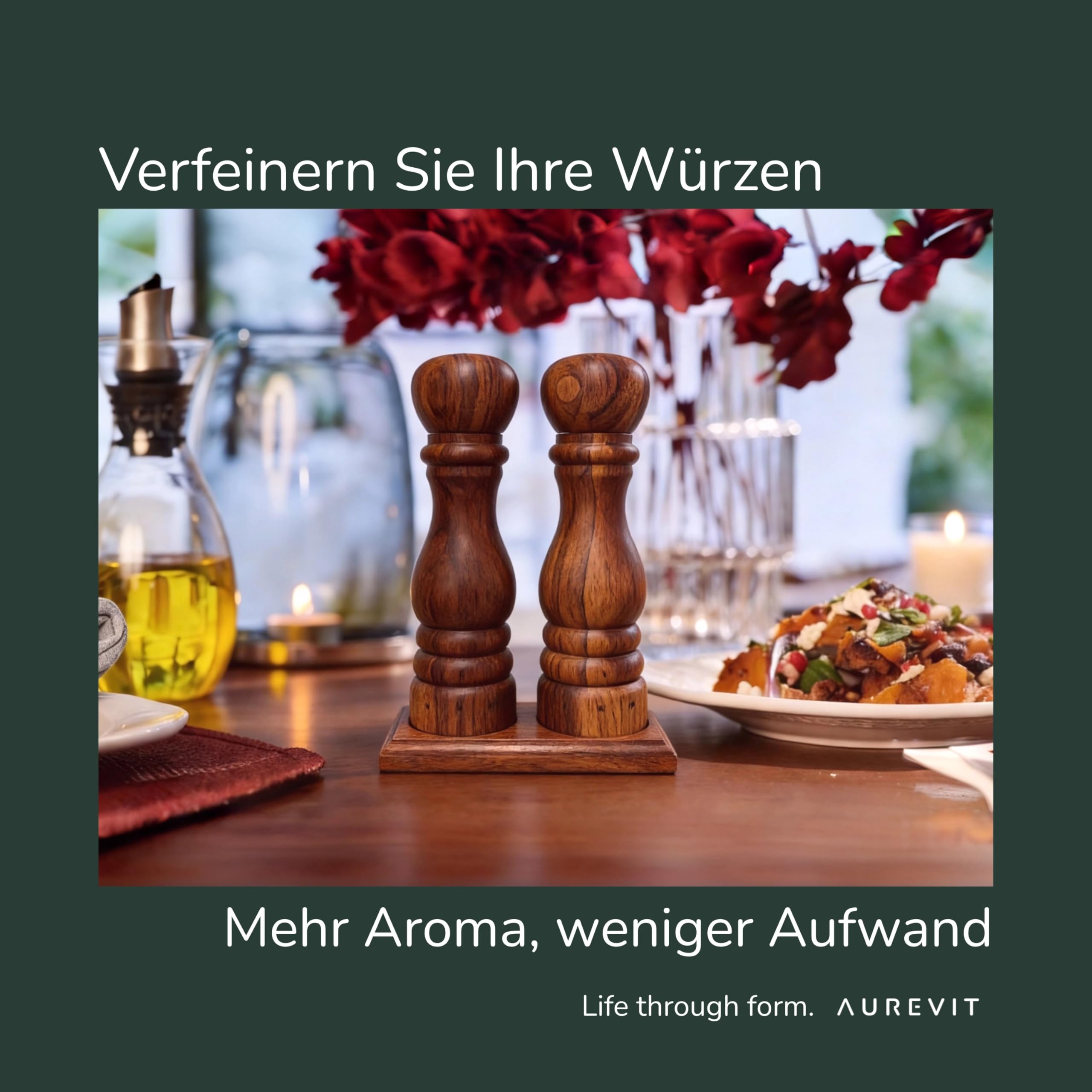 Salz und Pfeffermühle Holz Set, Pfeffer und Salzmühle mit Keramikmahlwerk & Edelstahlkern, Außen einstellbarer Mahlgrad, Manuelle Pfeffermühle, 23 cm (Akazienholz)