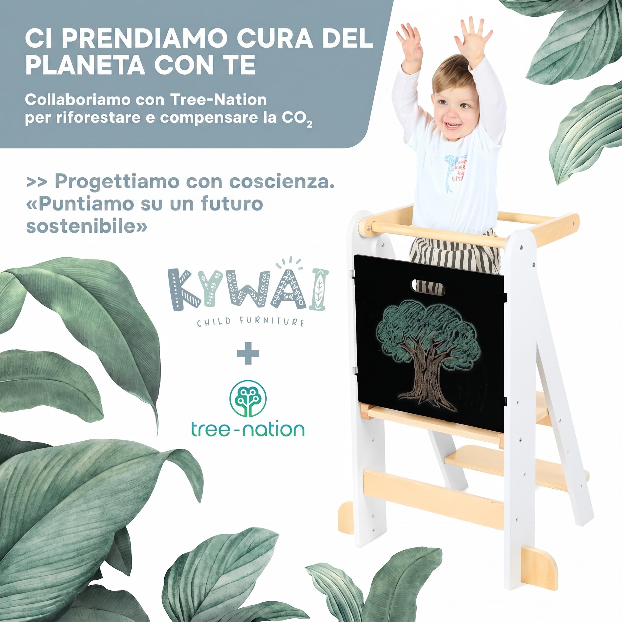 Torre Montessoriana Bambini Premium, Torre Montessoriana Pieghevole con 2 Altezze Regolabili, Lavagna Removibile, Design Nordico Compatto – Marchio Impegnato nella Riforestazione Globale