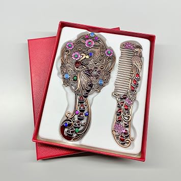 2Pcs/Set Peacock Design Vanity Mirror and Comb Set Round Shape Embossed Metal Handheld Mirror for Wedding Favor Gift Brown