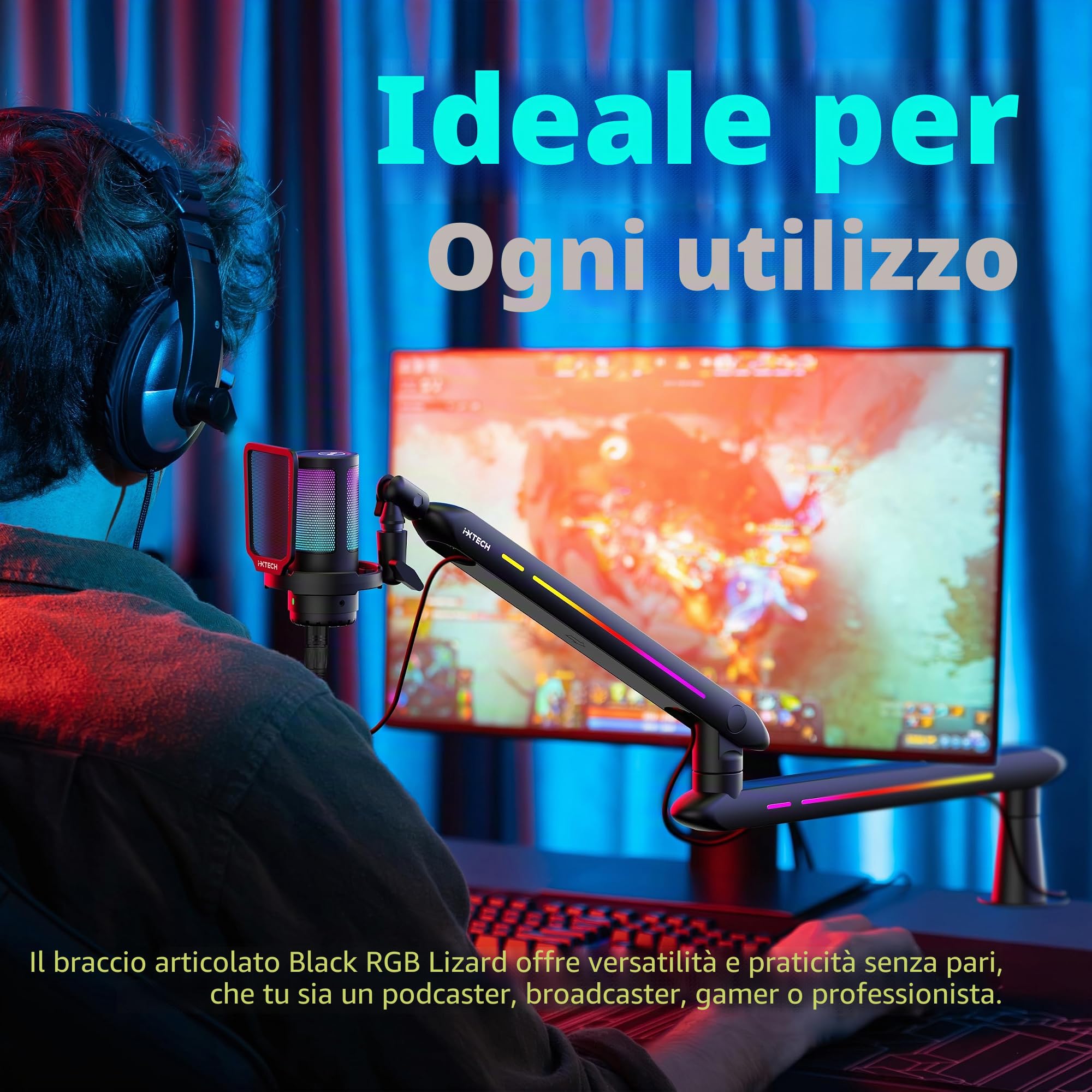 IXTECH Braccio RGB a basso profilo per microfono, supporto regolabile con morsetto per montaggio a scrivania, braccio girevole per gestione dei cavi per podcast streaming