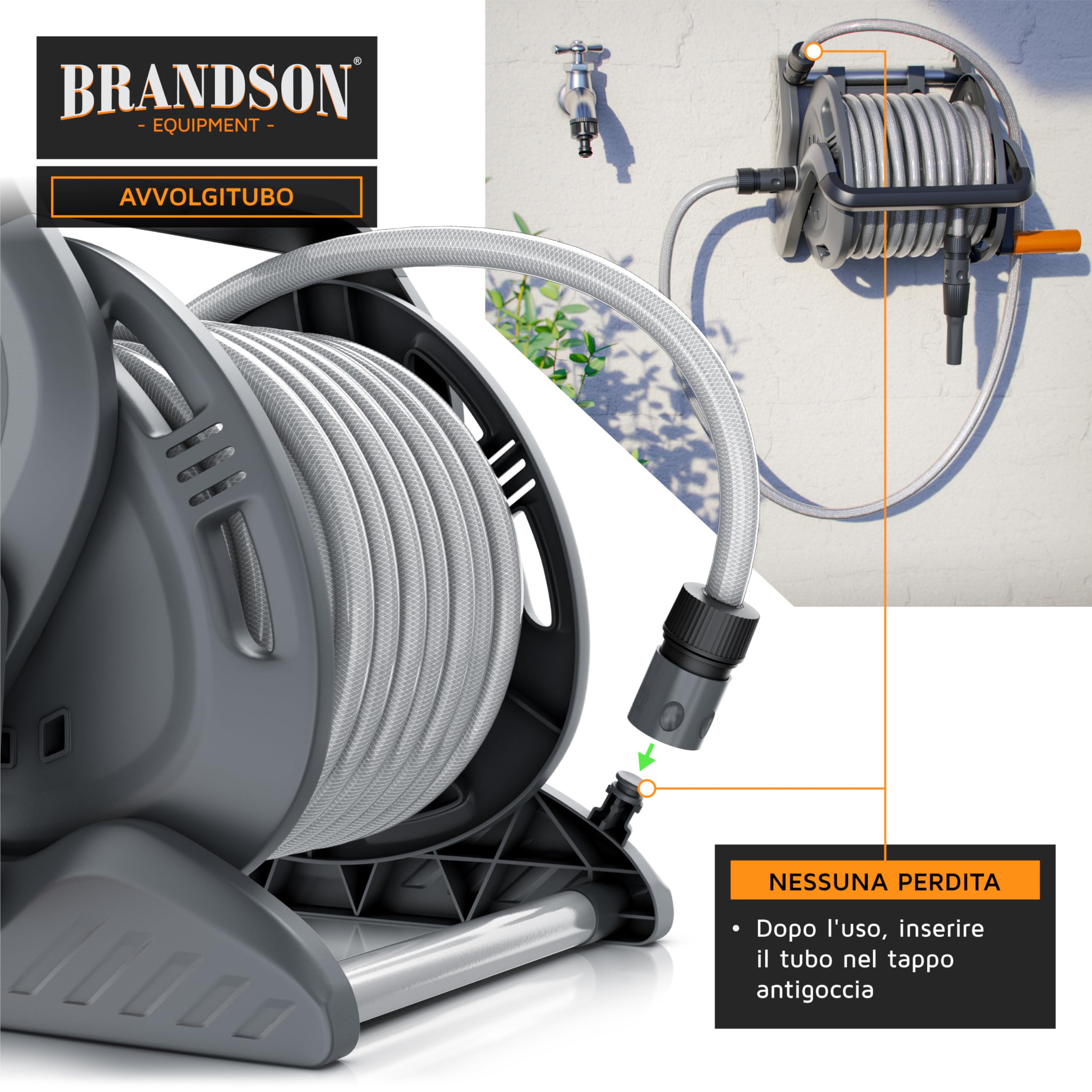 Brandson - Avvolgitubo da giardino automatico da 20 metri, Avvolgitubo mobile da giardino con 20 m di Tubo, 2 m di Tubo di alimentazione, Supporto a parete, Manovella, Spruzzatore di pulizia