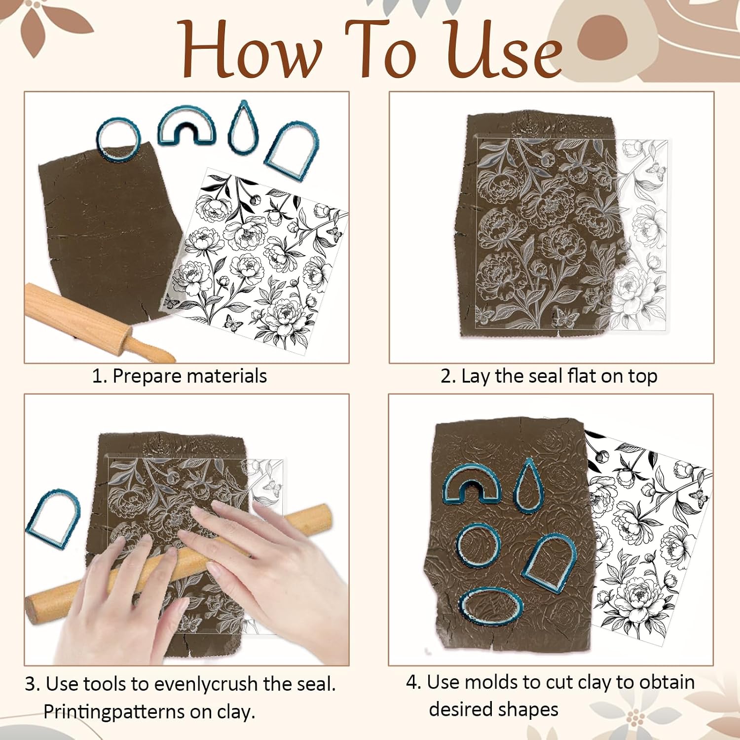 CHGCRAFT Realistic Flowers Pattern Polymer Clay Texture Sheet, 5.5x5.5Inch