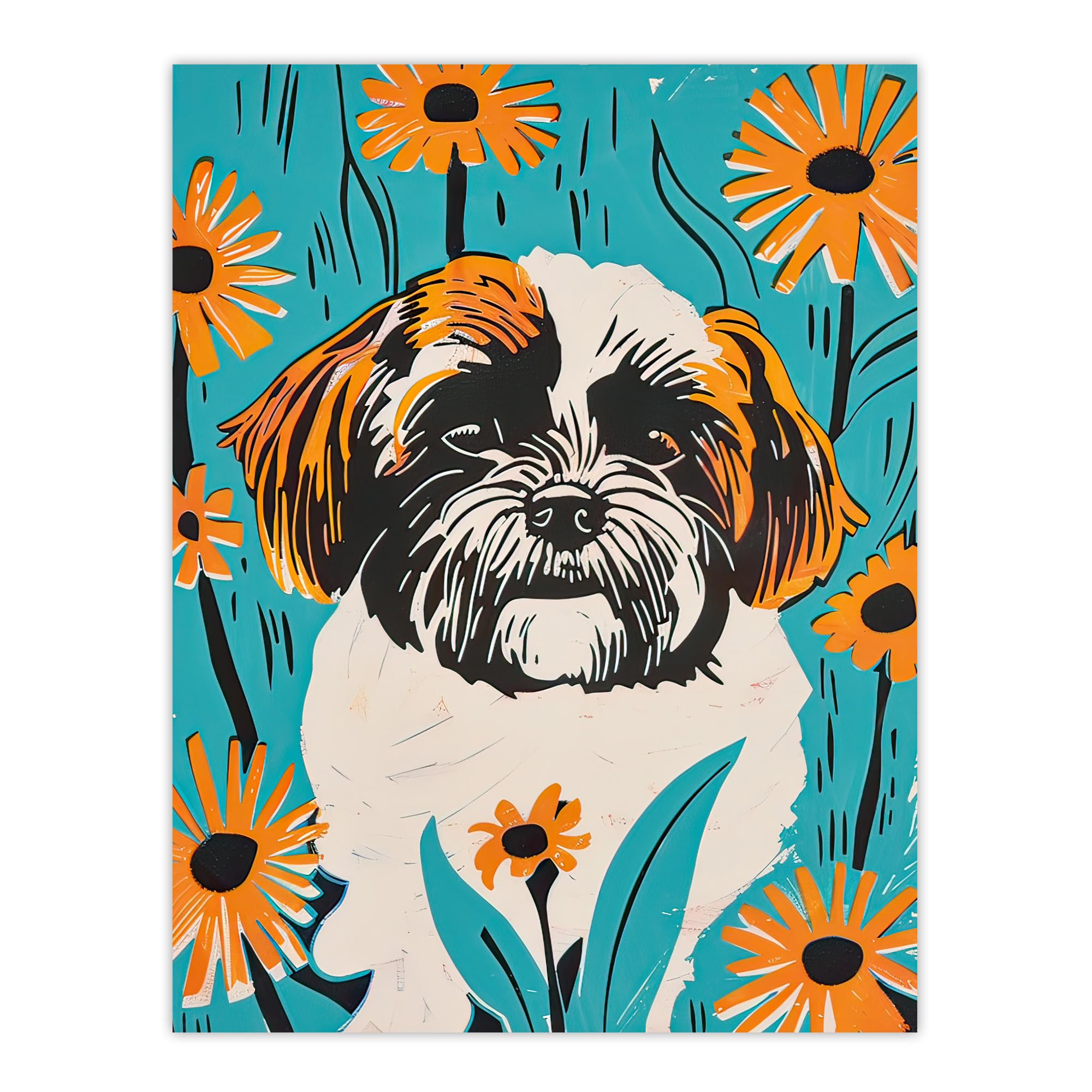 Artery8 Vibrant Shih Tzu Daisy Portrait Dog Lover Floral Living Room Extra Large XL Wall Art Poster Print