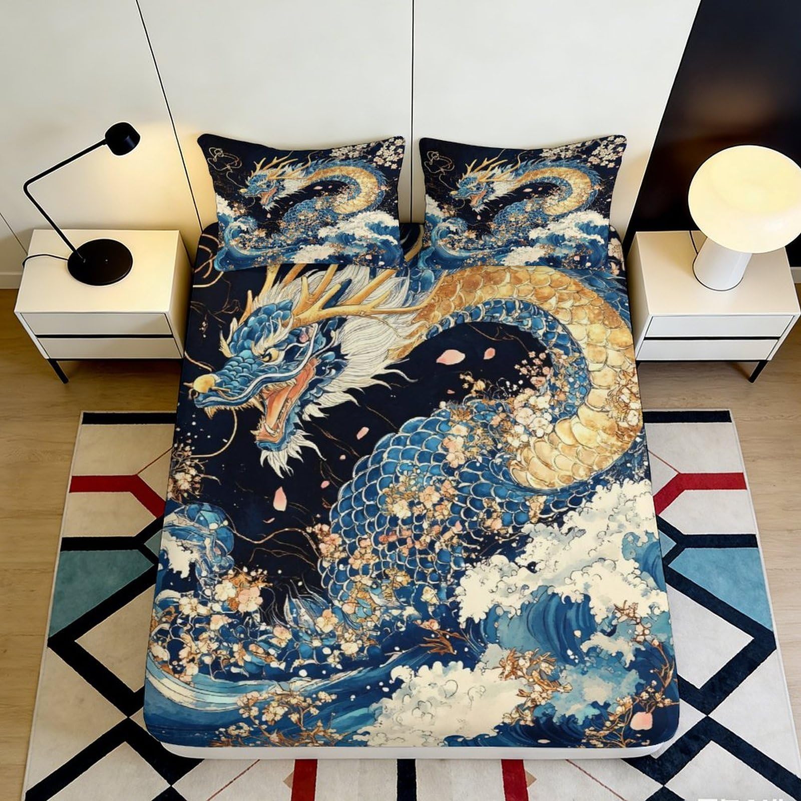 3D Printed Dragon Pattern Fitted Sheet Microfiber Soft Breathable Floral Wave Bed Cover for Bedroom Dormitory Guest Room Mattress Protection Decor 90x200x25cm