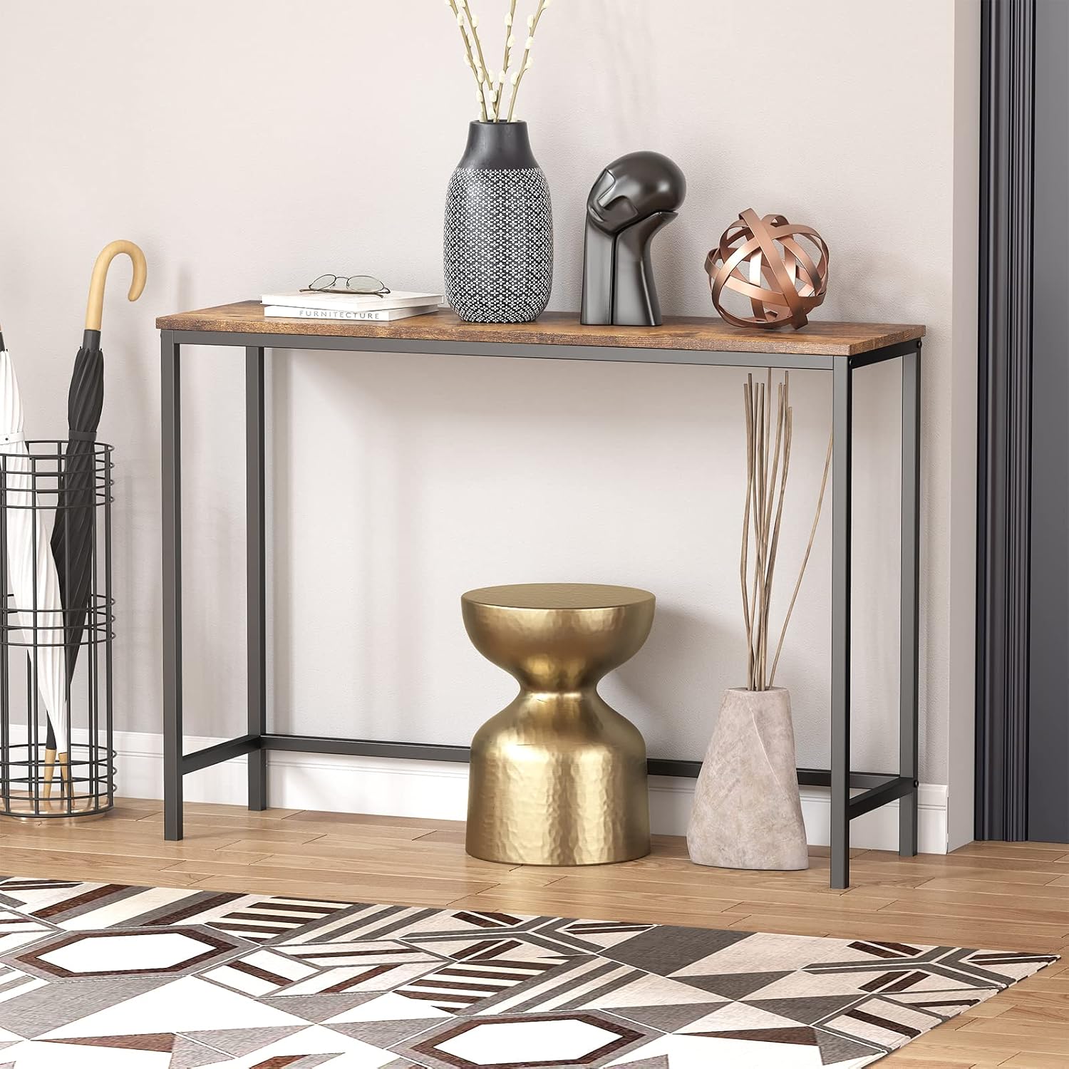 Industrial Brown Metal and Glass Console Table with Storage
