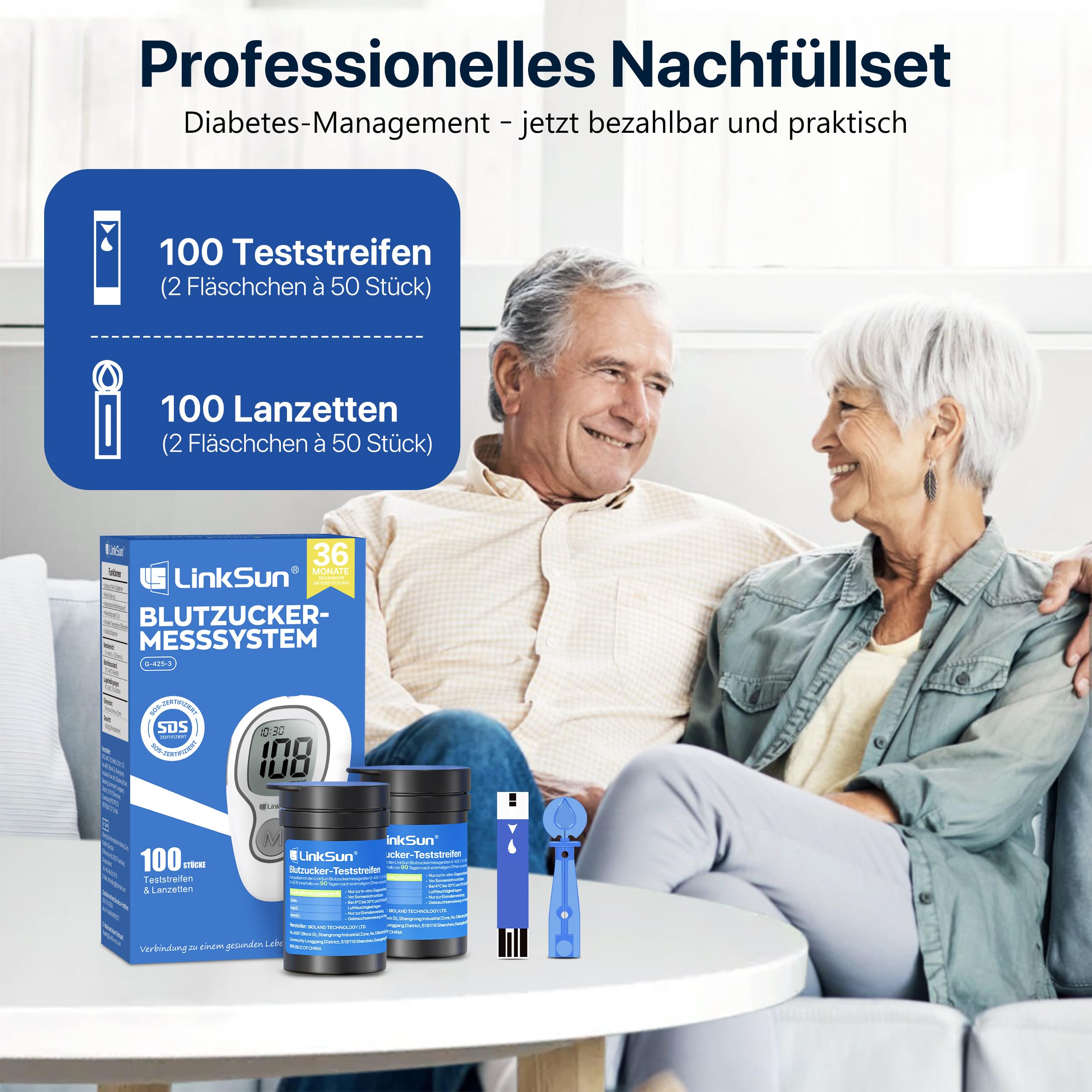 LinkSun G-425-3 Blutzuckermessgerät Set (mg/dL) mit 100 Teststreifen, 100 Lanzetten, Stechhilfe, Glucose-Kontrolllösung, Codierungsfrei, mg/dL & mmol/L