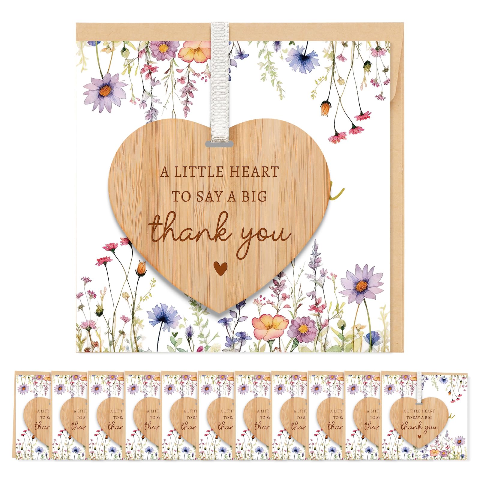 TheGiffter 12PC Thank You Cards Multipack with Wooden Heart Plaque, Appreciation Card with Envelope, Beautiful and Elegant Thank You Greeting Card for Women Teacher Mentor Nurse Doctor Wedding