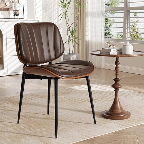 Miniatura 35 de Juego de 6 sillas de comedor, modernas de mediados de siglo, sillas de cocina tapizadas de piel sintética con respaldo de madera curvada de nogal