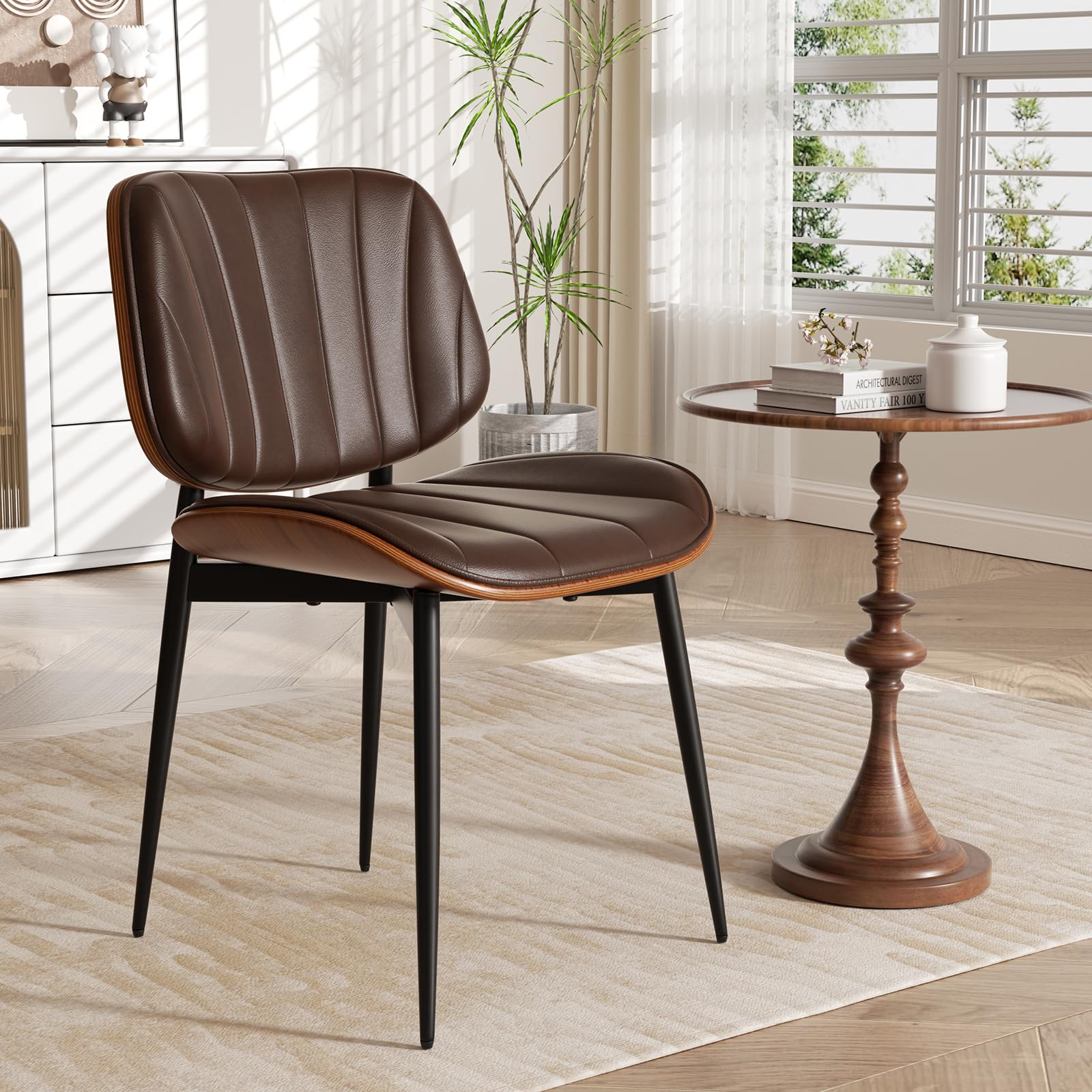 choairy Dining Chair, Mid Century Modern Dining Room Chairs, Upholstered Faux Leather Kitchen Chairs with Walnut Bentwood Back and Metal Legs for