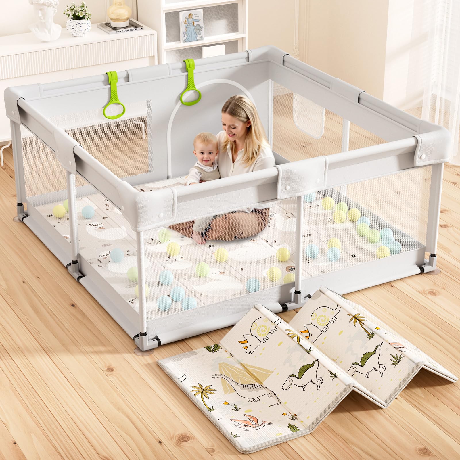 Lertantri Laufstall Baby mit Matratze, 120x120 Kleines Laufgitter Baby mit Matte, Laufstall für Apartment, Laufgitter mit Atmungsaktivem Netz an Vier Seiten und Saugnäpfen