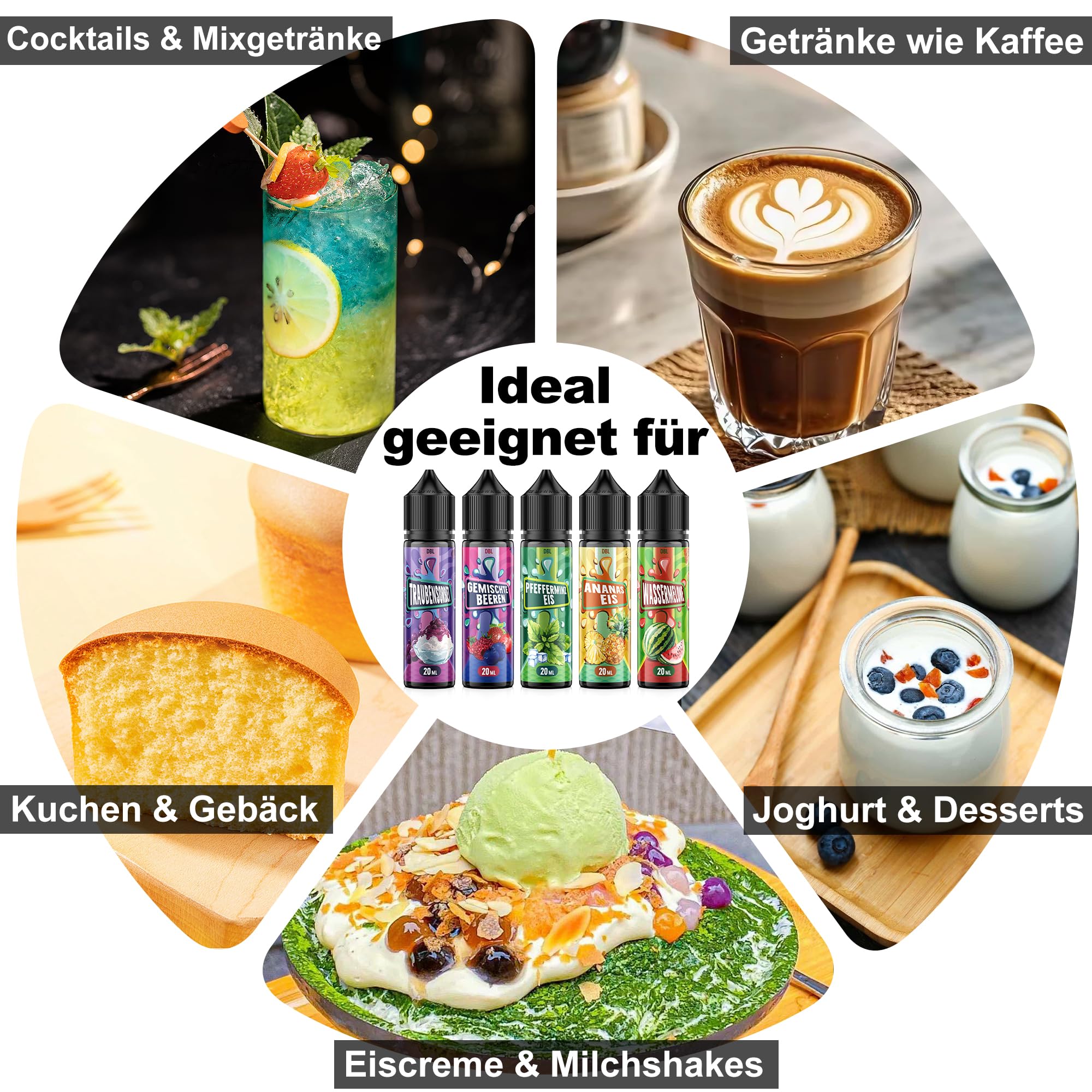 Concentrato di Aroma 5x20ml, Aroma Intenso per Alimenti Ideale per Cuocere, in Alimenti e Bevande, anche per Nebulizzatori, Macchine per Nebbia, e molto altro. 5 pezzi