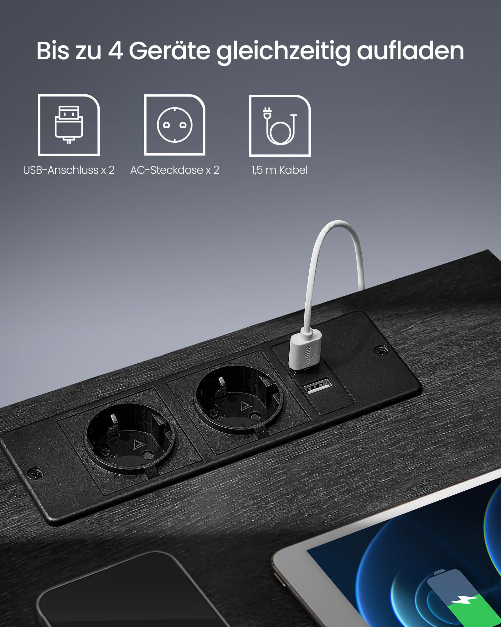 VASAGLE Nachttisch mit Einstellbarer LED-Beleuchtung, Beistelltisch mit Steckdosen, Schublade, 2 AC-Steckdosen, 2 USB-Anschlüsse, modern, für Schlafzimmer, Wohnzimmer, aschschwarz LET618T22