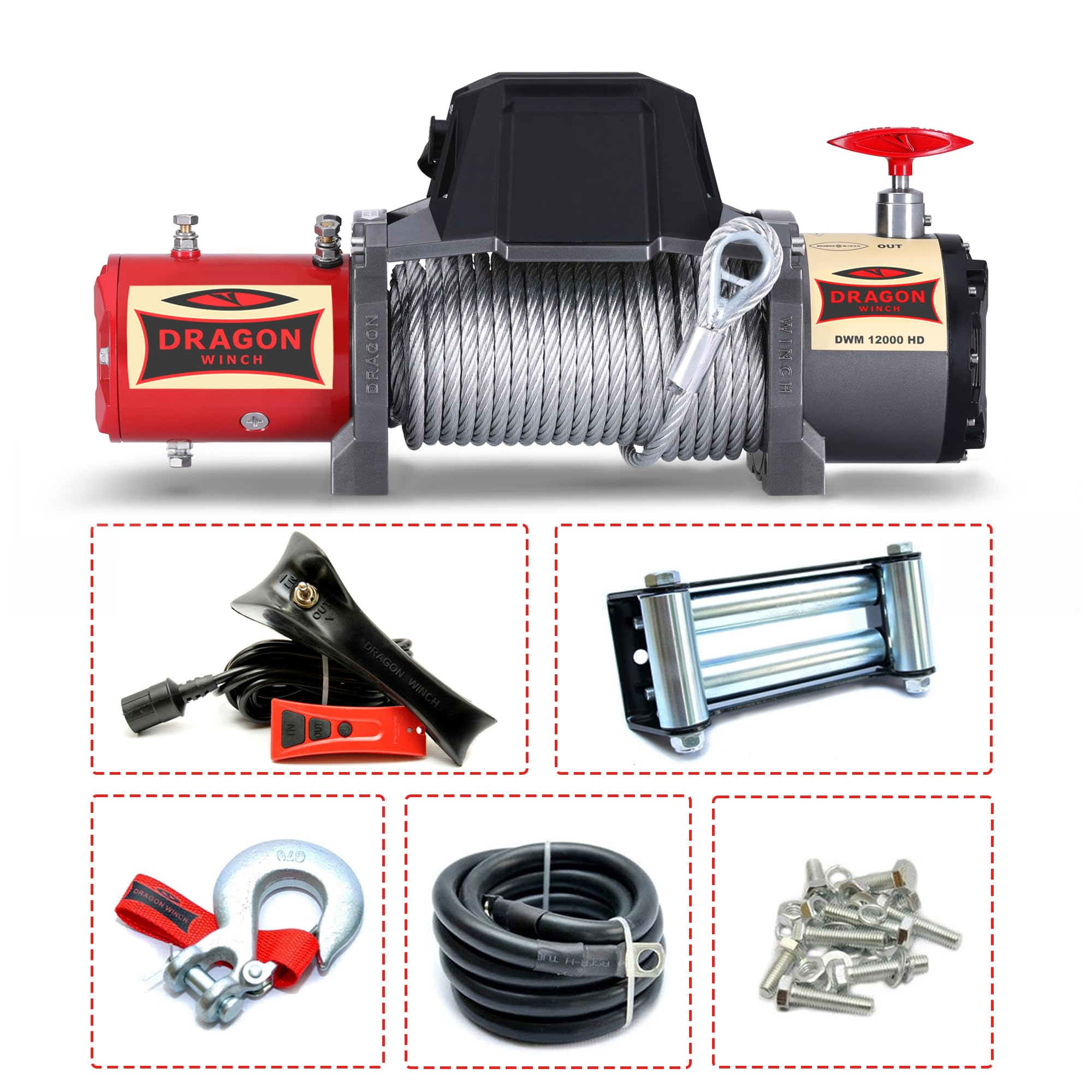 Dragon Winch Cabrestante eléctrico 12V Maverick 12000 lbs / 5443 kg con Cuerda de acero 20m Cabrestante para coche incluido control remoto inalámbrico + accesorios | Estanqueidad IP67