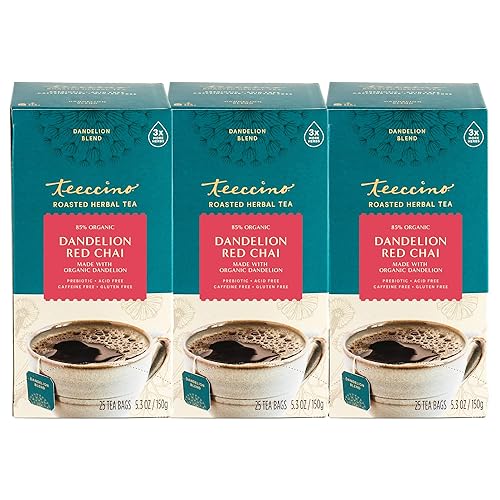 Teeccino Té Chai rojo de diente de león, sin cafeína, té de hierbas tostadas con prebióticos, 3 veces más hierbas que las bolsas de té normales, sin