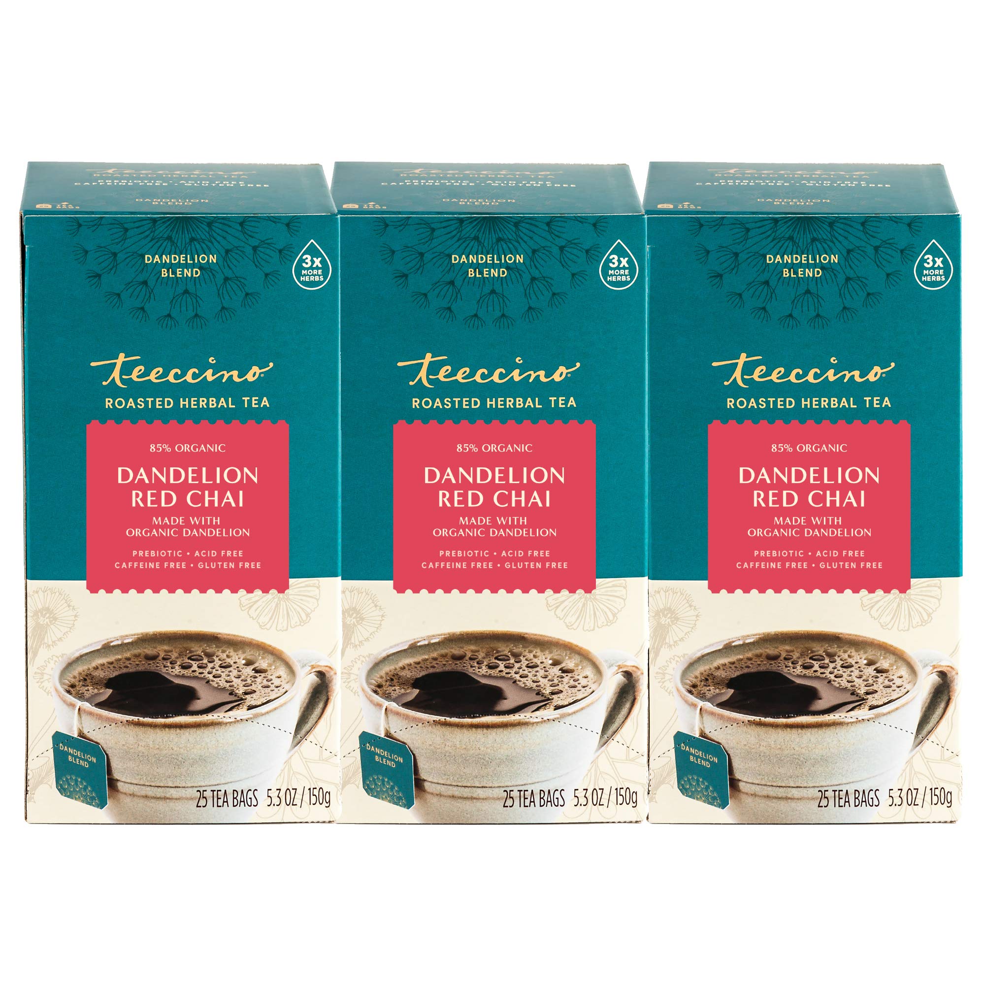 Teeccino Dandelion Red Chai Tea - 25 Tea Bags - Caffeine-Free, Roasted Herbal Tea with Prebiotics, 3x More Herbs than Regular Tea Bags, Gluten Free, (Pack of 3)