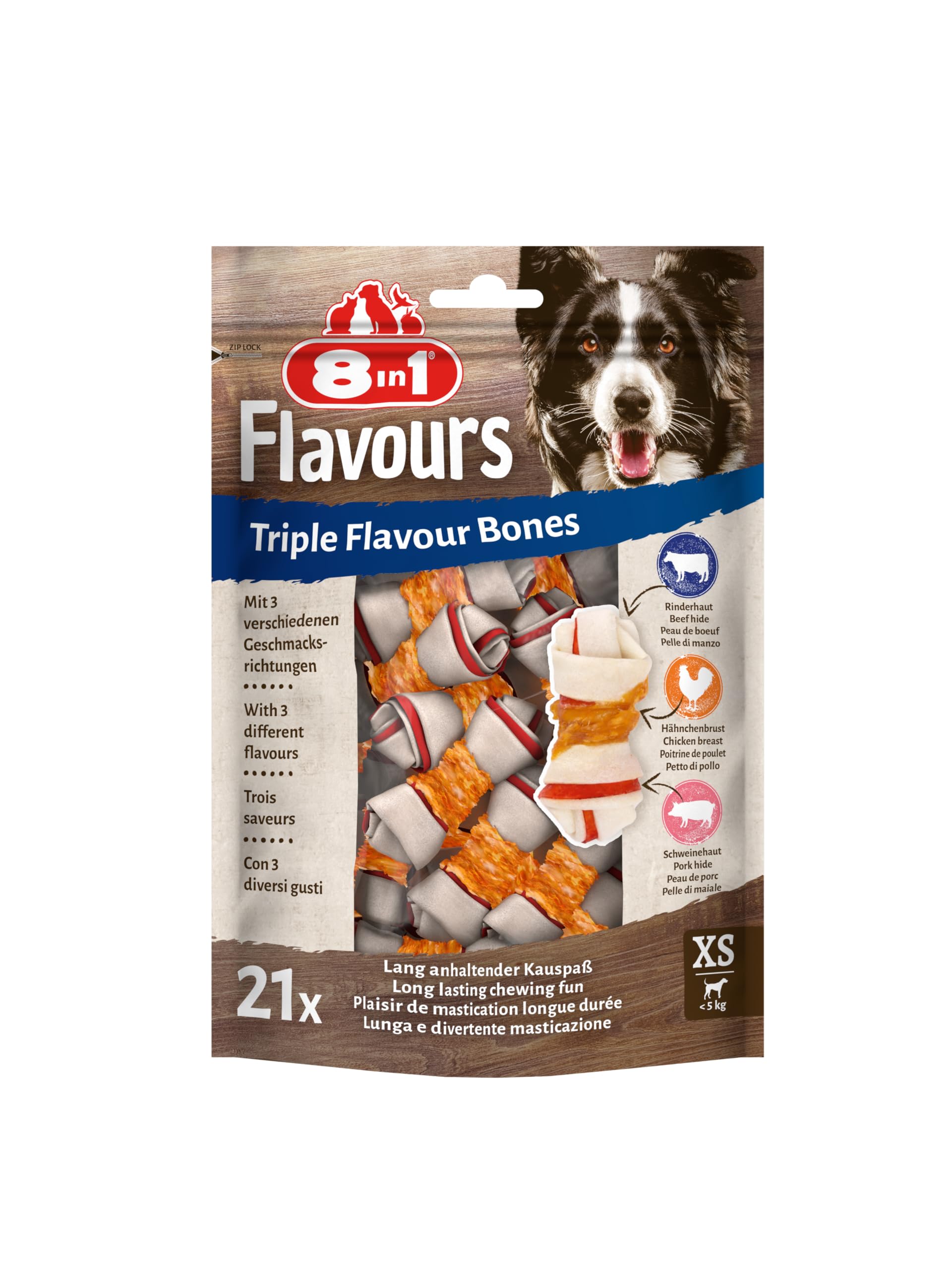 8in1 Triple Flavour Knochen XS - leckere Hundeknochen mit Hähnchenfilet, Schweine- und Rinderhaut, 21 Stück
