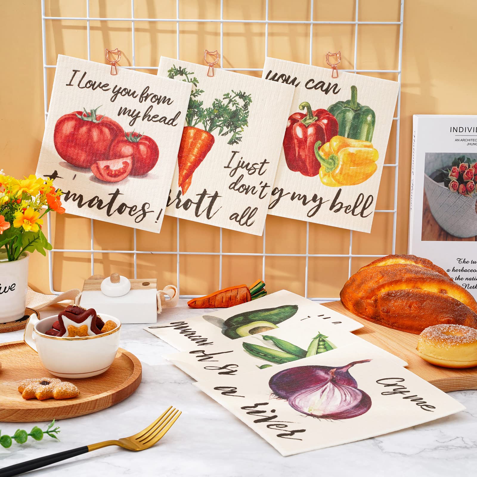 Whaline 6 x Gemüse-schwedische Geschirrtücher, buntes Gemüse-Küchen-Geschirrtuch, wiederverwendbare Baumwolle, Küchentücher zum Backen, Kochen, Zuhause, Küche, Badezimmer, Dekoration, 17 x 19 cm