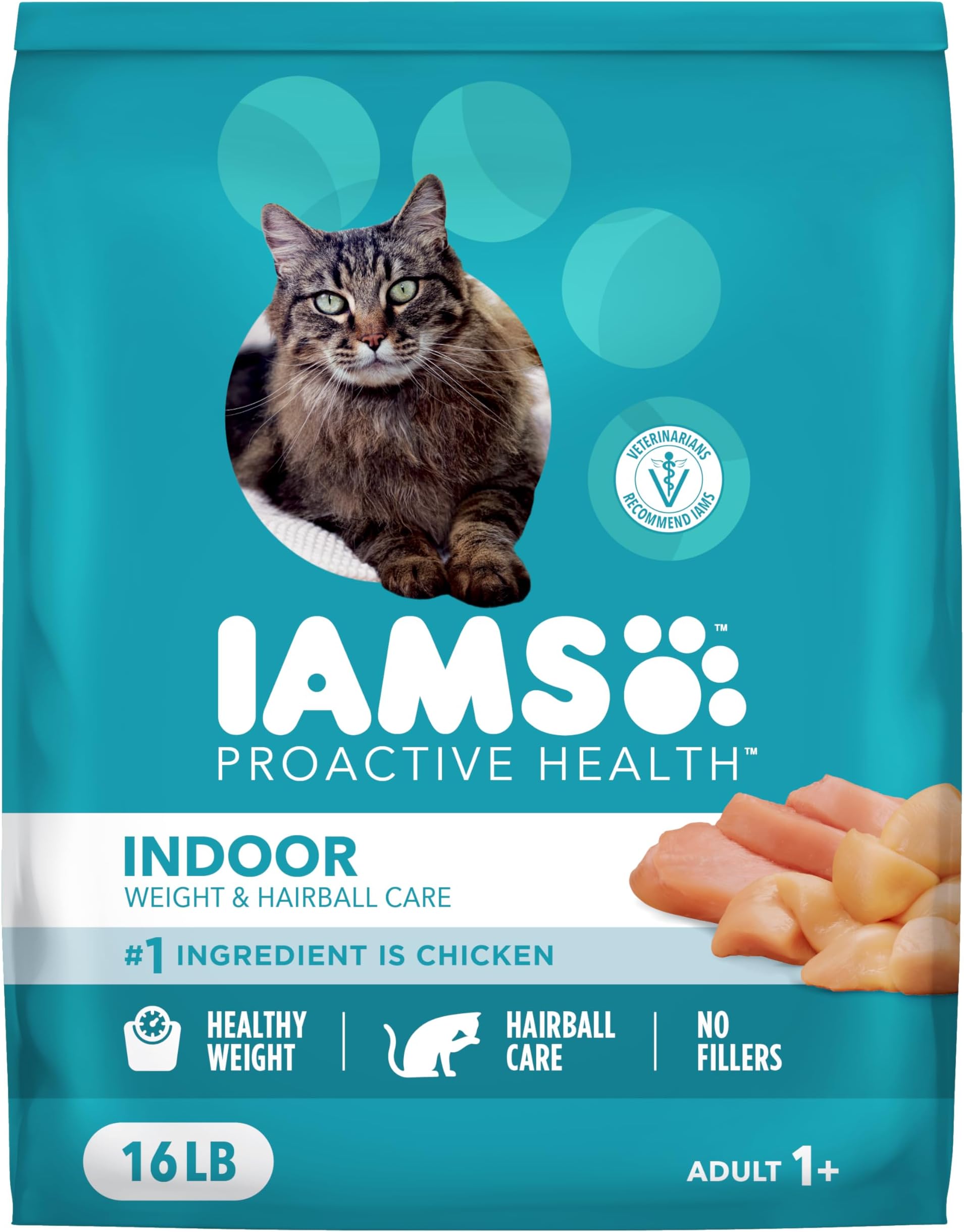 IAMS PROACTIVE HEALTH Adult Indoor Weight Control & Hairball Care Dry Cat Food with Chicken & Turkey Cat Kibble, 16 lb. Bag
