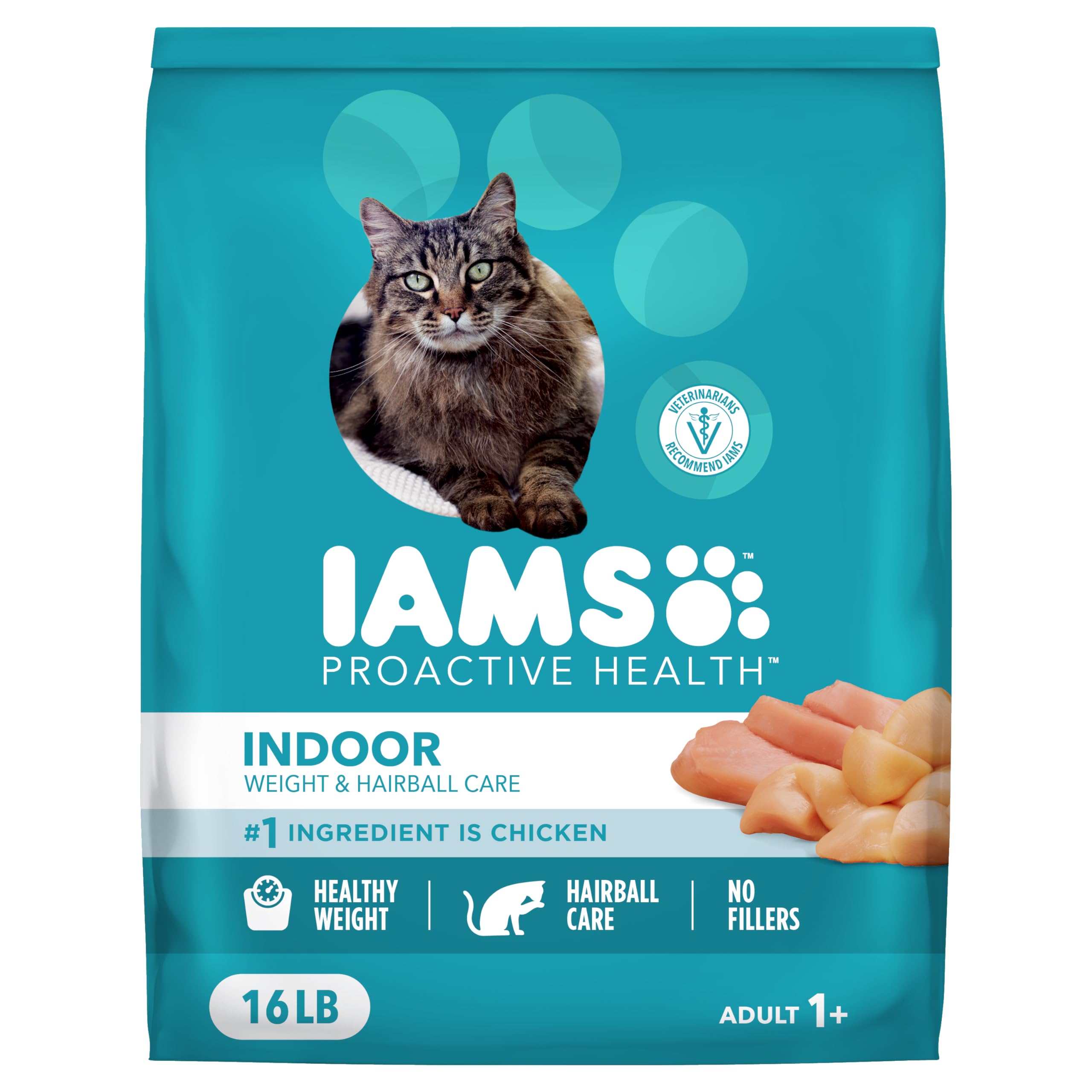 Iams PROACTIVE HEALTH Adult Indoor Weight Control & Hairball Care Dry Cat Food with Chicken & Turkey Cat Kibble, 16 lb. Bag