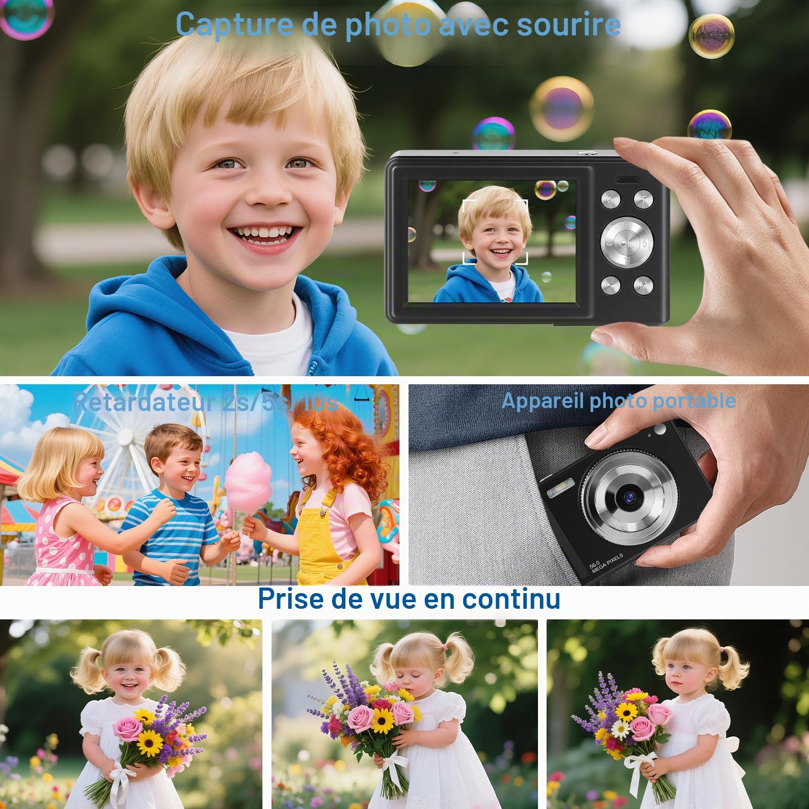Appareil Photo Numérique 56MP 1080P FHD avec Autofocus, Zoom Numérique 16X, Écran LCD 2,8", Carte SD 32GB & 2 Batteries - Compact et Léger Idéal pour Enfants, Débutants et Voyages (Noir-1)