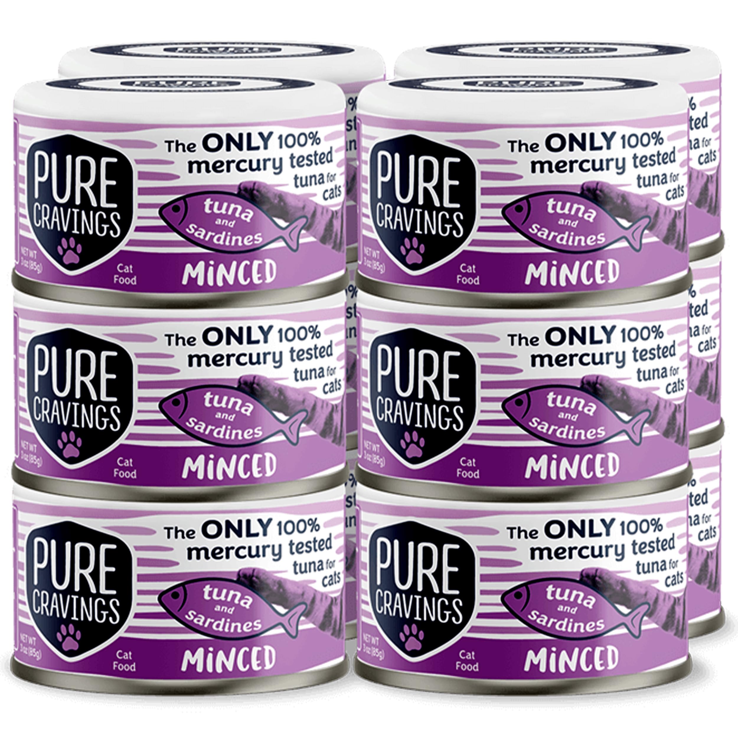 Pure Cravings Minced Tuna and Sardines Wet Canned Cat Food, 100% Mercury-Tested, Moist Can Fish for Cats, Grain-Free, Protein, Non-GMO, 3oz, Pack of