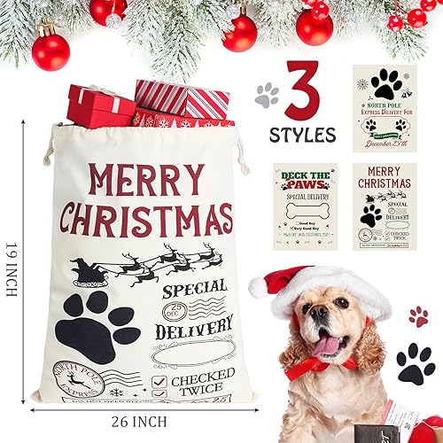 Miniatura 2 de Clysee Saco de Papá Noel de 3 piezas, bolsa grande de Navidad para mascotas, bolsa de regalo de perro con cordón de Navidad, bolsa de regalo para