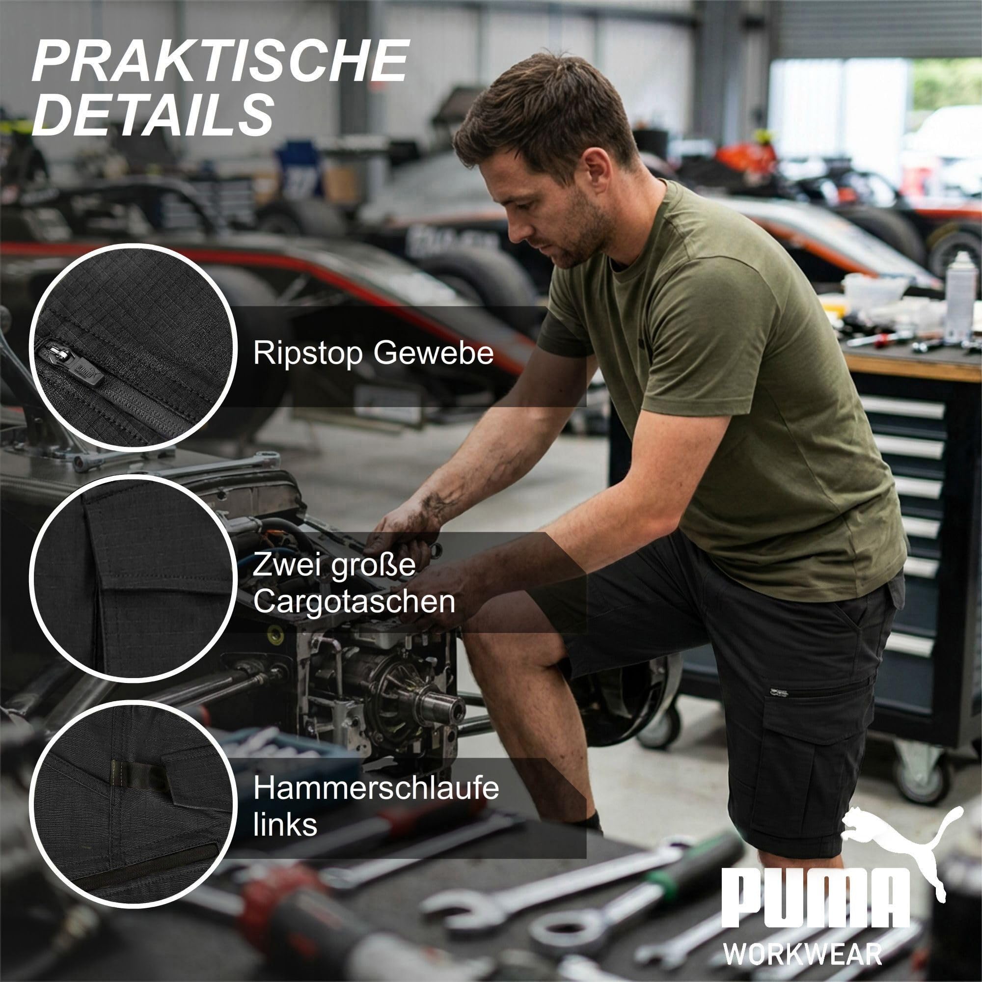 PUMA Workwear krótkie spodenki robocze męskie – wytrzymałe szorty ze stretchem i tkaniną Ripstop – gumka w pasie – podwyższona część tylna – szlufka na ramię – pokrowiec na telefon komórkowy