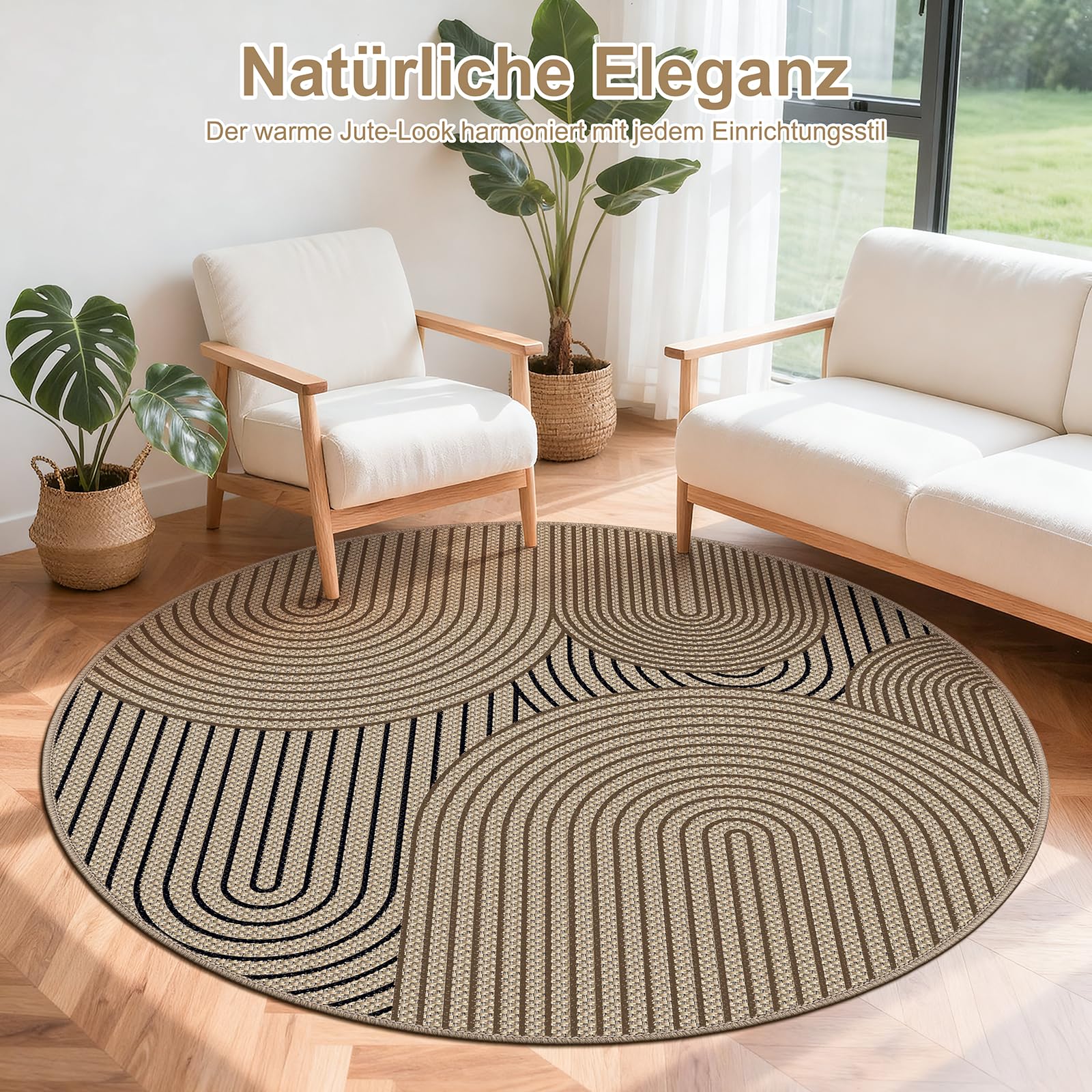 Teppich rund 160 cm, Leichter Jute Aussehen Teppich, Rutschfest Wohnzimmerteppich, Outdoor Teppich Waschbarer, Minimalistisch Boho Teppich Braun für Schlafzimmer, Wohnzimmer und Balkon