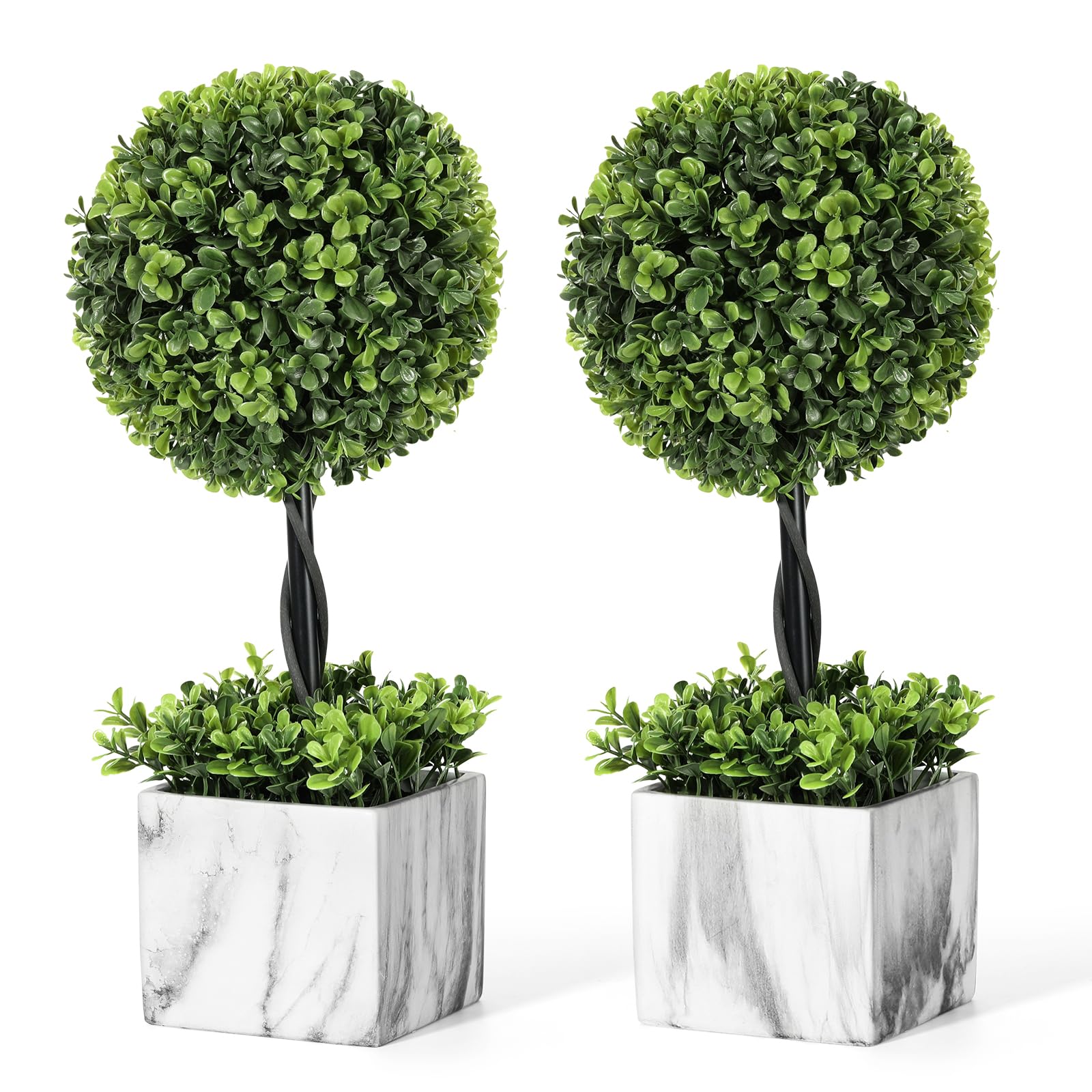 Lewondr 16'' Artificial Topiary Ball Tree, Small Potted Fake Plants, Artificial Boxwood Plants with White Planter Pot, Outdoor Indoor Realistic Faux Shrubs Tree for Home Office Porch Decor, Set of 2