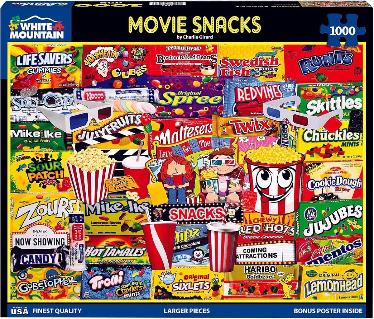 White Mountain 1000 Piece Jigsaw Puzzle Popcorn and Candy, Movie Snacks | Large Pieces, Gift for Adults and Family, 24"x30" in, Collage