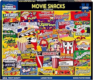 White Mountain 1000 Piece Jigsaw Puzzle Popcorn and Candy Collage Puzzles with Large Pieces for Adults and Family 24"x30" - Movie Snacks