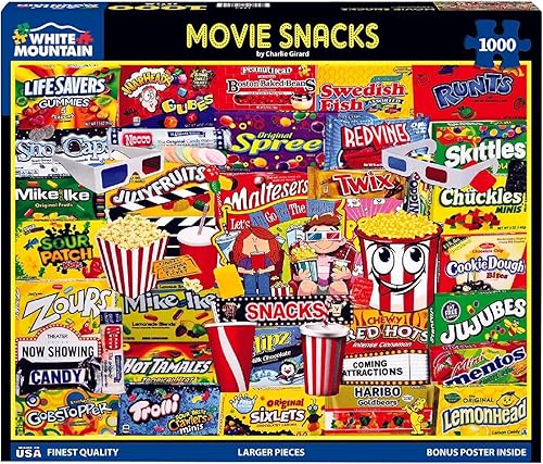 White Mountain 1000 Piece Jigsaw Puzzle Popcorn and Candy Collage Puzzles with Large Pieces for Adults and Family 24"x30" - Movie Snacks