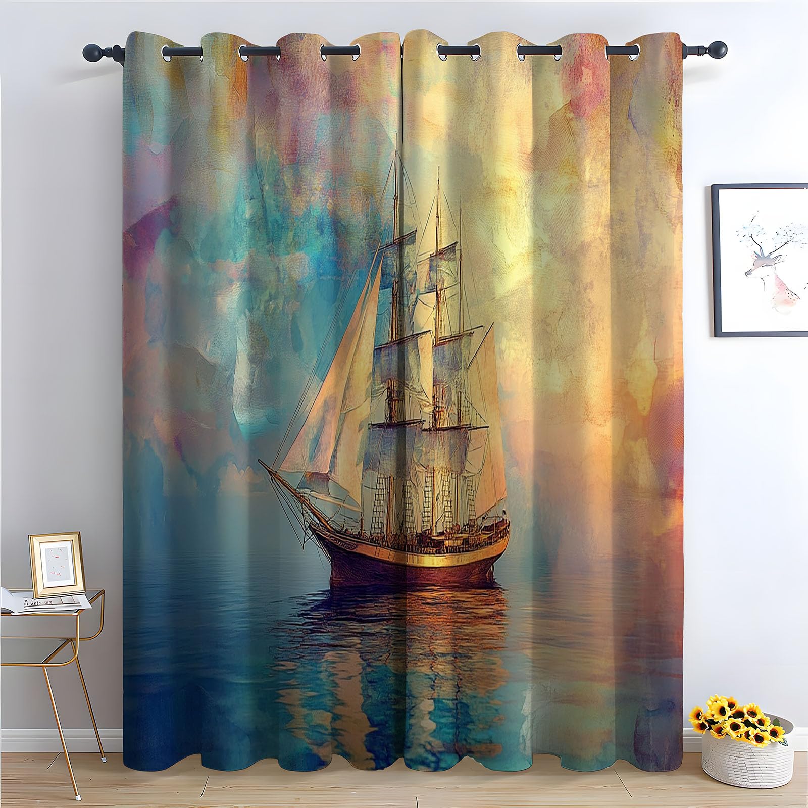 WIKEO Floral Curtains Natural Seascape pattern - Botanical Pencil Pleated Drapes - for Bedroom Drop Eyelet Curtain, Thermal Insulated Blackout 2 Panels-52 W x 96" L (Pack of 2)