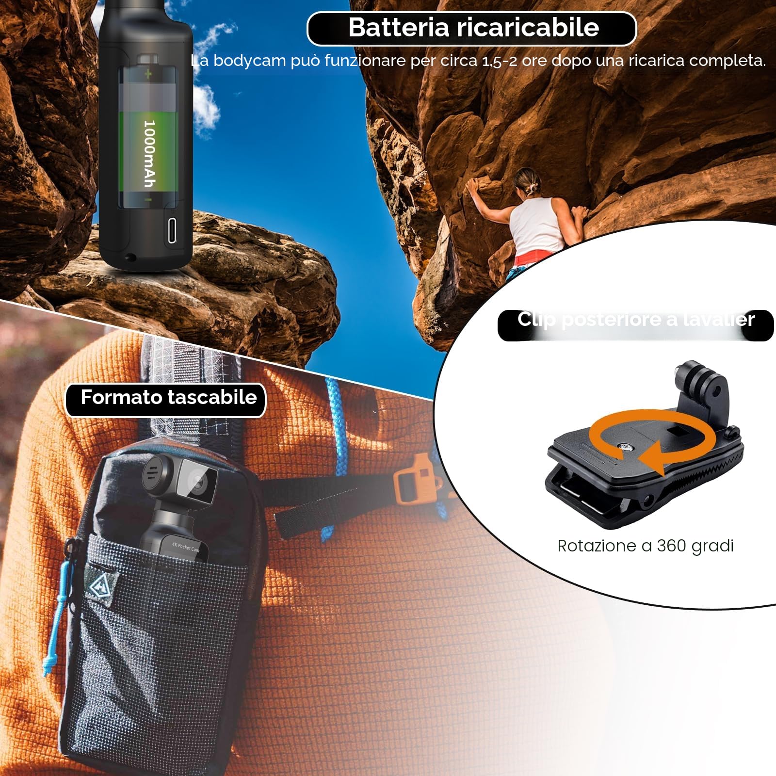 ydi Telecamera da Corpo 4K con Microfono Esterno, Video & Audio Mini Vlog Videocamera Tascabile Rotazione 270° Telecamera per Sport, Bici, Viaggi, Strumento di Polizia, 64 GB Inclusi