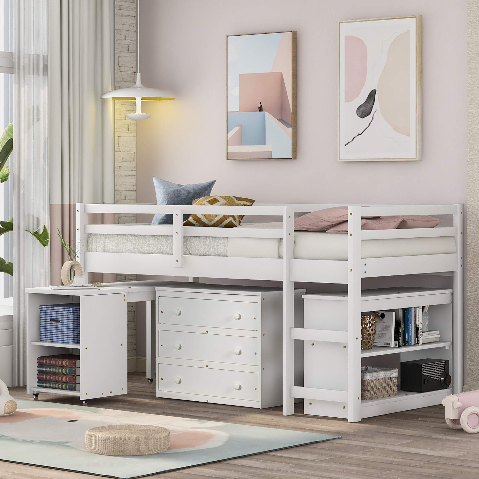 Buy P PURLOVE Twin Loft Bed with Rolling Portable Desk