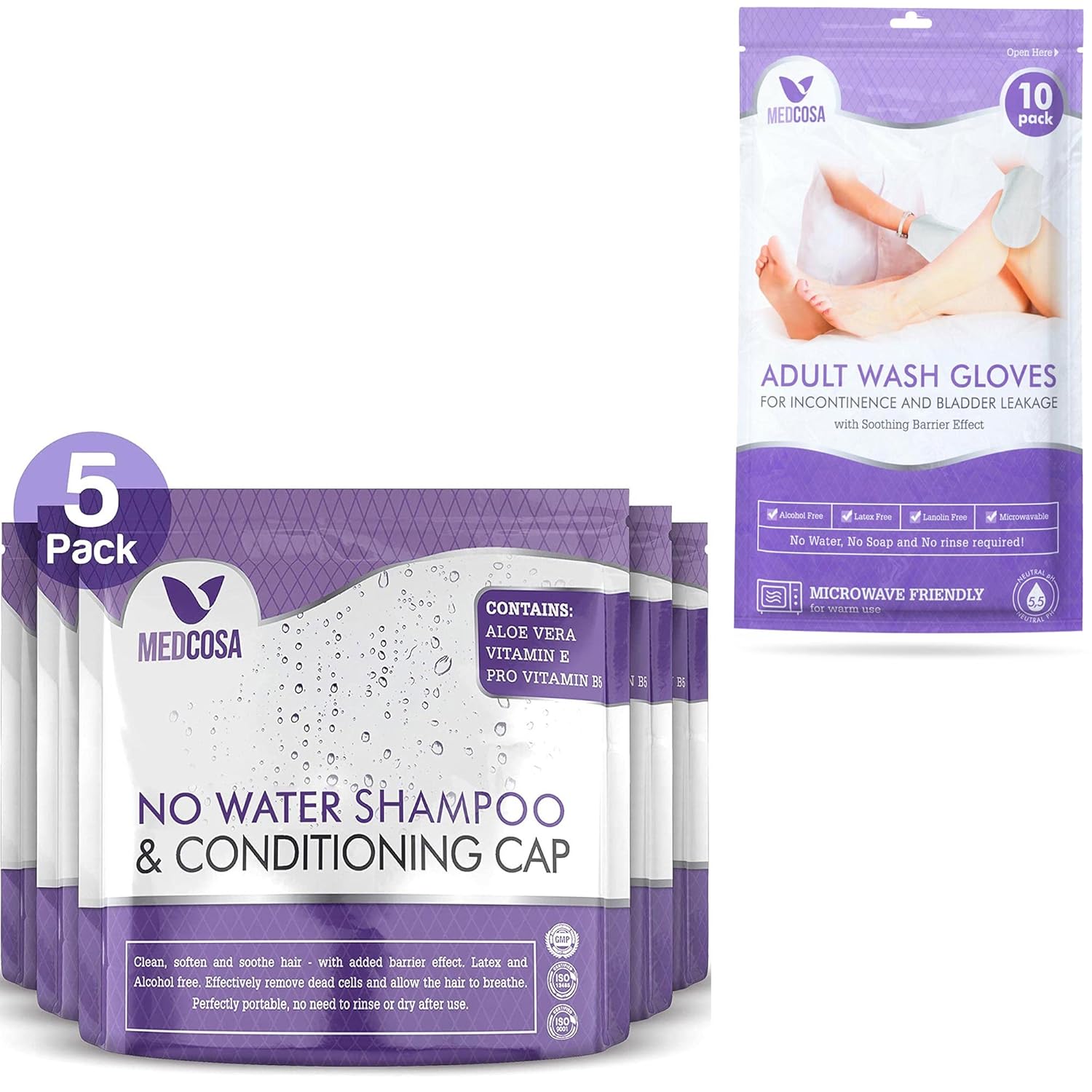 5 x No Water Shampoo Caps and Adult Wash Glove Bundle by