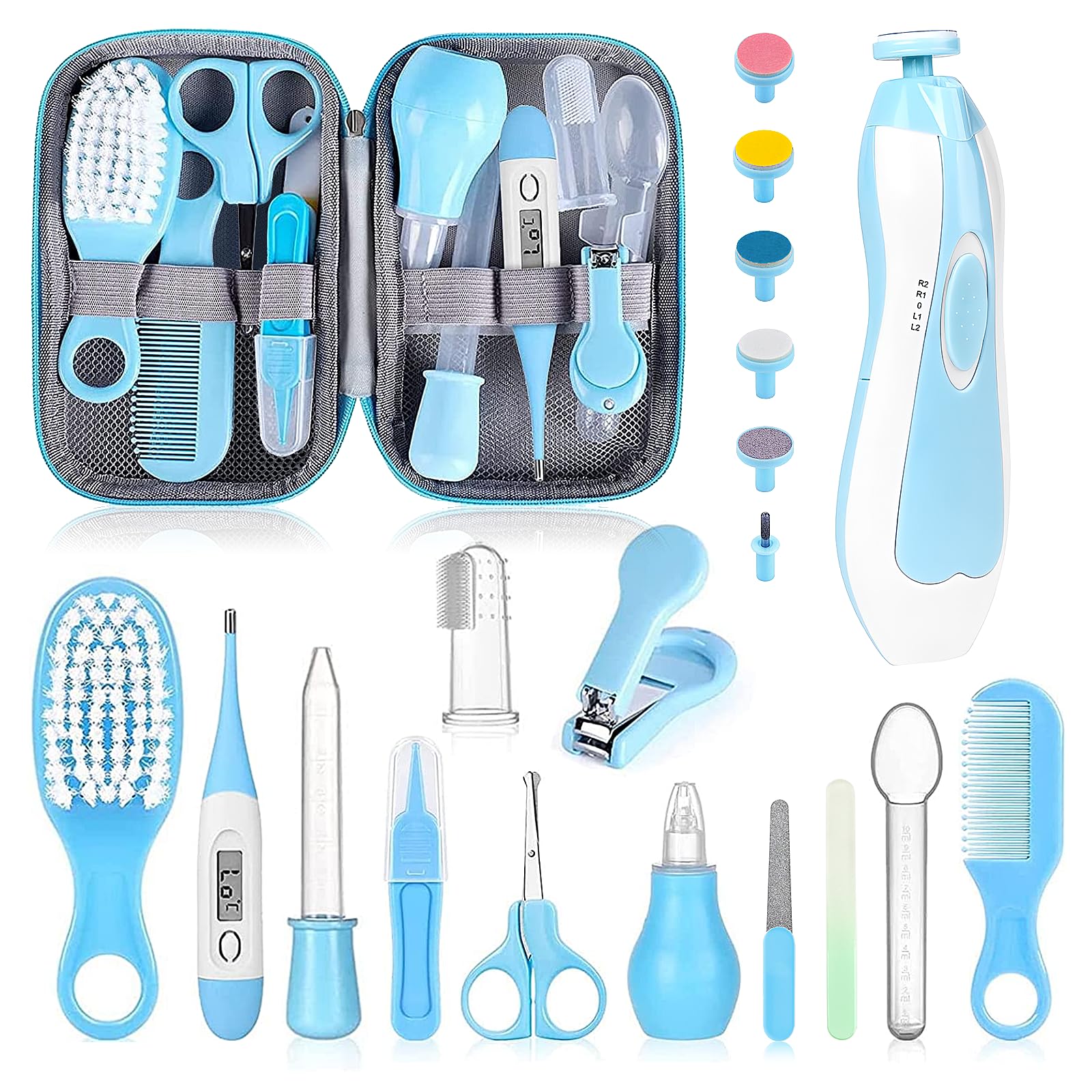 Kit de toilettage pour bébé, ensemble de soins de sécurité pour nourrissons avec brosse à cheveux, peigne, coupe-ongles, aspirateur nasal, kit essentiel pour nouveau-né filles garçons (bleu-20 en 1)