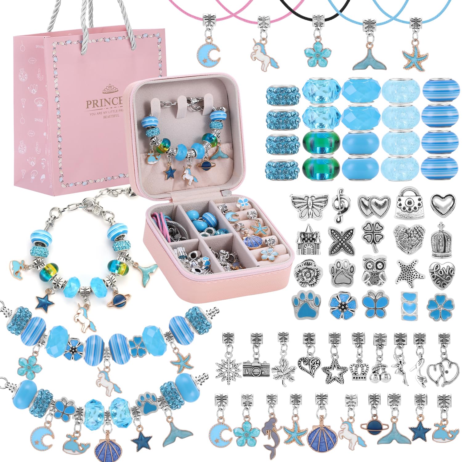 Beauenty Bracelet Making Kit for Girls,68PCs Charm Bracelets Kit with Jewelry Box, Jewelry Charms, Bracelets for DIY Craft, Jewelry Gift for Adults and Kids,Present For 8-12 Year Old Girl (blue)